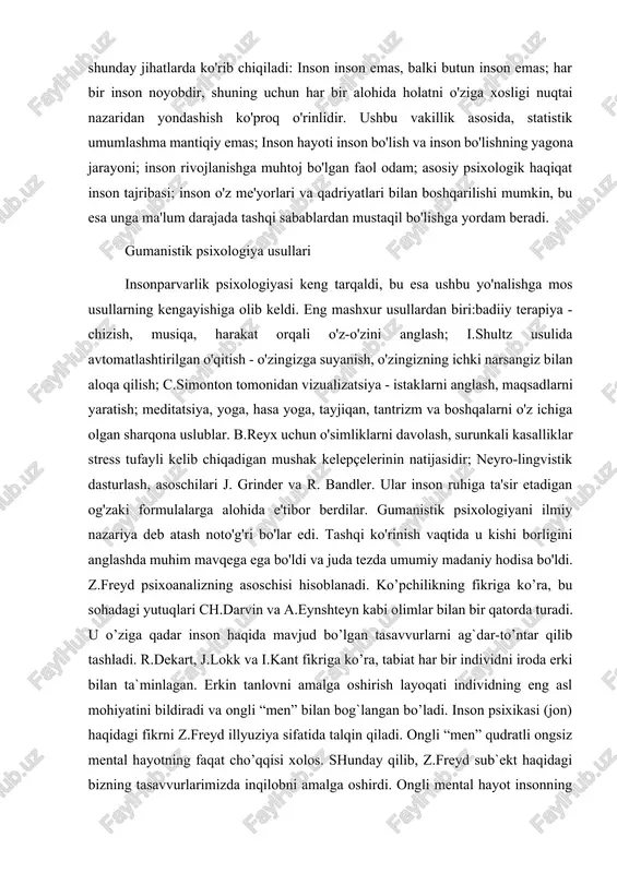 t har bir individni iroda erki bilan ta`minlagan. erkin tanlovni amalga oshirish layoqati individning eng asl mohiyatini bildiradi va ongli “men” bilan bog`langan bo’ladi. inson psixikasi (jon) haqidagi fikrni z.freyd illyuziya sifatida talqin qiladi. ongli “men” qudratli ongsiz mental hayotning faqat cho’qqisi xolos. shunday qilib, z.freyd sub`ekt haqidagi bizning tasavvurlarimizda inqilobni amalga oshirdi. ongli mental hayot insonning umumiy mental hayotida faqat kichkina bo’lak hisoblanadi. bizning ongimizdagi jarayonlar ongsiz omillar bilan qat`iy determinatsiya qilinadi. bu holatni illyustratsiya qilish uchun ko’pincha aysberg bilan qiyoslashadi. barcha ongli jarayonlarni aysbergning suv ustidagi qismiga o’xshatilsa, unda ongsizlik muzning ancha katta, ko’rinmas suv ostidagi qismiga o’xshatiladi. aynan mana shu ko’rinmas massa ham og`irlik markazini, ham aysbergning harakat yo’nalishini aniqlaydi. shunga o’xshash ongsizlik ham bizning individualligimiz negizi hisoblanadi. asr boshida yozilgan ikki muhim asarida z.freyd barcha individlarda ongsiz mental jarayonlar mavjudligi haqida gapiradi va psixoanaliz kundalik hayotning ongsiz sabablarini aniqlab berishga qodir ekanligini ko’rsatadi. bu o’z navbatida …
