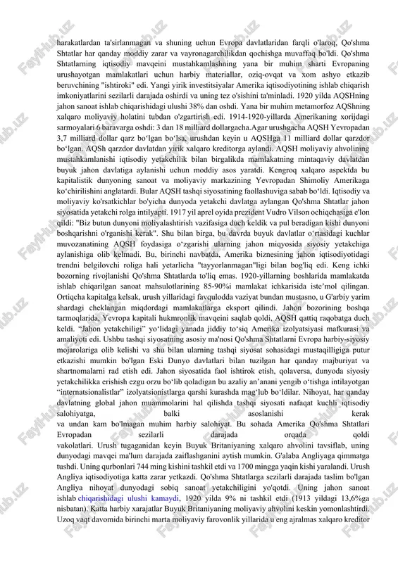yada oktyabr inqilobining g'alabasi, bolsheviklar hokimiyatga kelishi va sovet davlatining shakllanishi edi. rus inqilobining g'alabasi dunyoning ikki qarama-qarshi ijtimoiy-siyosiy tizimga bo'linishini anglatadi. | ichida xalqaro munosabatlarda sifat jihatidan yangi qarama-qarshilik – sinfiy, “informatsiyalararo”, mafkuraviy qarama-qarshilik yuzaga keldi. bolsheviklar rahbariyati tomonidan ilgari surilgan tashqi siyosiy faoliyatning ikki asosiy guruhga bo‘linishi mumkin bo‘lgan yangi tamoyillari xalqaro munosabatlar nazariyasi va amaliyotiga bevosita ta’sir ko‘rsatdi. arralardan biri sovet hokimiyatining birinchi tashqi siyosiy hujjatlarida e'lon qilingan va keyinchalik tinch hayot kontseptsiyasiga aylantirilgan umumiy demokratik tamoyillardan iborat edi: "anneksiyalar va tovonlarsiz adolatli demokratik dunyo", diplomatiyaning ochiqligi va ochiqligi, xalqlar "ajralish va mustaqil davlat tashkil etishgacha o'z taqdirini o'zi belgilash erkinligi", katta va kichik xalqlarning “tenglik va suvereniteti”, tenglik va oʻzaro manfaatlarga asoslangan iqtisodiy aloqalarning rivojlanishi va boshqalar.ikkinchi guruhga jahon inqilobi taʼlimoti bilan bogʻliq boʻlgan qatʼiy sinfiy munosabatlar kiradi va proletar internatsionalizmi tamoyillari deb ataladi. ular "jahon kapitali" ga qarshi kurashni so'zsiz qo'llab-quvvatlashni o'z zimmalariga oldilar: yoki …