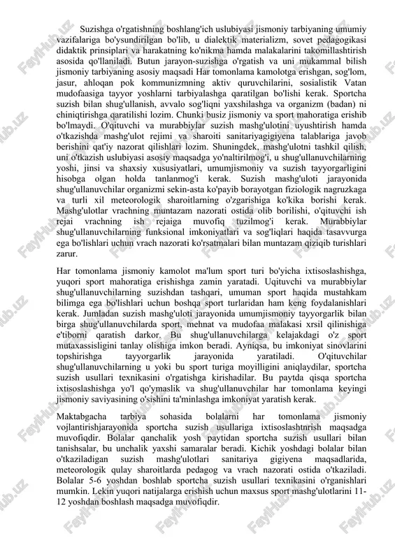 igini hisobga olgan holda tanlanmog'i kerak. suzish mashg'uloti jarayonida shug'ullanuvchilar organizmi sekin-asta ko'payib borayotgan fiziologik nagruzkaga va turli xil meteorologik sharoitlarning o'zgarishiga ko'kika borishi kerak. mashg'ulotlar vrachning muntazam nazorati ostida olib borilishi, o'qituvchi ish rejai vrachning ish rejaiga muvofiq tuzilmog'i kerak. murabbiylar shug'ullanuvchilarning funksional imkoniyatlari va sog'liqlari haqida tasavvurga ega bo'lishlari uchun vrach nazorati ko'rsatmalari bilan muntazam qiziqib turishlari zarur. har tomonlama jismoniy kamolot ma'lum sport turi bo'yicha ixtisoslashishga, yuqori sport mahoratiga erishishga zamin yaratadi. uqituvchi va murabbiylar shug'ullanuvchilarning suzishdan tashqari, umuman sport haqida mustahkam bilimga ega bo'lishlari uchun boshqa sport turlaridan ham keng foydalanishlari kerak. jumladan suzish mashg'uloti jarayonida umumjismoniy tayyorgarlik bilan birga shug'ullanuvchilarda sport, mehnat va mudofaa malakasi xrsil qilinishiga e'tiborni qaratish darkor. bu shug'ullanuvchilarga kelajakdagi o'z sport mutaxassisligini tanlay olishiga imkon beradi. ayniqsa, bu imkoniyat sinovlarini topshirishga tayyorgarlik jarayonida yaratiladi. o'qituvchilar shug'ullanuvchilarning u yoki bu sport turiga moyilligini aniqlaydilar, sportcha suzish usullari texnikasini o'rgatishga kirishadilar. bu paytda …