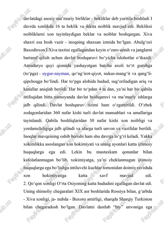 boʻladi: mingboshi va amirilashkar (harbiy vazir), qushbegi - xon maslahatchisi yoki viloyat hokimi, parvonachi - xon maslahatchisi, shigʻovul - vaziri ilmia, qozi, mudarris, aʼlam, shayx ul-mashoyixlar ishini nazorat qilgan, xudoychi - xonga beriladigan ariza va shikoyatlarga masʼul shaxs, tunkator - xon qarorgoxni tungi posbon, noib - sarbozlar boshligʻi, otaliq, dodxoh mextarboshi, sharbatdor, dasturxonchi, xazinachi, maxramboshi, eshikogʻasi, ponsadboshi, tuqsabo, devonbegi, mirza boshi, sarkar, miroxurboshi, yuzboshi, bakovulboshi, daxboshi. bu mansablardan tanqari yana bir kancha maʼmuriy, harbiy va diniy mansablar mavjud edi. manbalarning guvohlik berishicha, xon saroyida muhim ishlarni koʻrib chiqadigan kengash toʻzilgan boʻlib, unga mingboshi boshchilik qilgan. aʼzolari dasturxonchi, risolachi va yana baʼzi muhim amaldorlar boʻlgan. davlatni boshqarishda bu kengashning ham oʻrni katta edi. saroy amaldorlari ichida mingboshi (bosh vazir) va amiri lashkar (harbiy vazir), kushbegi - xon maslahatchisi yoki viloyat hokimi, parvonachi (xon maslahatchisi), - shigovul (vaziri ilmiya), xudoychi, tunkdtor, noib (sarbozlar boshligi) kabi yuqori lavozimlar faoliyat yuritgan. maʼmuriy jihatdan xonlik …
