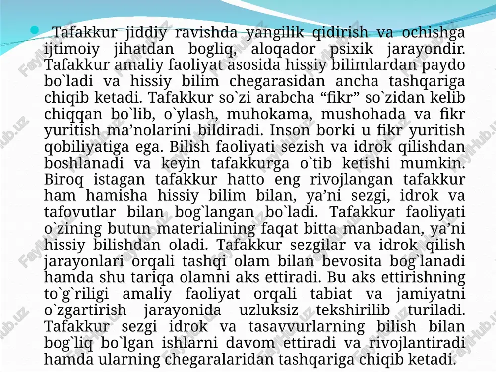 yasi qandaydir fikrlar bilan band bo’ladi. ularni tartibga solish, keragiga diqqatni qaratish, ichki yoki tashqi nutq vositasida uni yechish – fikrlash jarayonidir psixika psixik jarayonlar bilish jarayonlari tafakkur tafakkurning mantiqiy formasi tabiat va jamiyatni bilish hamda o`zgartirishning ijtimoiy-tarixiy taraqqiyoti jarayonida ilmiy bilishlar hosil bo`ladi, rivojlantiriladi va sistemaga solinadi. bilishning mashhur tarixiy taraqqiyoti va buning natijasida hosil bo`ladigan bilimlar sistemasi bilan nazariyasi, ya’ni falsafaning bir qismi bo`lgan genoseologiya va logika predmetini tashkil etadi. bilish nazariyasi falsafiy predmeti bo`lib, butun bilish faoliyatining eng umumiy qonunlarini o`rganadi. logika tafakkurining mantiqiy shakllarini tushunchalarini, hukmlari va xulosalarini o`rganadi. biror narsa haqida o`ylayotganimizda hamisha tushunchalarga asoslanib ish ko`ramiz. tushuncha narsa yoki hodisa haqida fikr bo`lib, o`sha narsa yoxud hodisaning umumiy ayni vaqtda muhim xususiyatlarini aks ettiradi. tushunchalarning mazmuni hukmlarda ochiladi. hukm voqelikdagi narsa va hodisalar o`rtasidagi yoki ularning xususiyatlari va belgilari o`rtasidagi bog`lanishlarni aks ettirilishi demakdir. ortiqchasini o`chirish metodikasi umumlashtirish va chalg`ish, muhim belgini ajratish kabi …