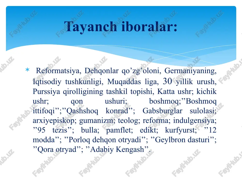 n gans begaym degan podachi boshchilik qildi. u dehqonlarga hamma obroklar, barshchina­lar, soliqlar va pomeshchiklarga to‘lanadigan boshqa to’lovlar bekor qilinishi kerak, hamma ishlamog’i va hech kim boshqalardan ortiq narsaga ega bo’lmasligi kerak, deb tushuntirdi. gans begaymga ko’plab dehqonlar ergashgan. yepiskop vyursburgskiy o’z xizmatchilariga podachini ushlab qamashni buyurgan, shundan keyin dehqonlar o’rtasidagi harakat to’xtab qolgan. shundan so’ng germaniyada turli xil tashkilotlar tuzila boshlagan. ana shunday tashkilotlardan biri 1493-yilda elzasda «boshmoq ittifoqi» tuzildi. (boshmoq-dvoryanlar, ritsarlar poyafzali-etikka qarama-qarshi o’laroq, dehqonlar boshmog’i (yog’och poshnali bo’lardi) nazarda tutilgan edi. u bostirilgandan keyin bu harakat reynning o’ng qirg’og’iga-baden va shvabiyaga o’tgan. 1502 yilda «boshmoq»ning yangi qo’zg’oloni to’g’risidagi rejasi tuziladi. bunga ioss frid degan dehqon rahbarlik qilgan. «boshmoq»ning xurujlari 1513 va 1517 yillardagi fitnalar bo’ldi. bu fitnalar ham fosh bo’lgandan so’ng, uning tashkilotchilari shveytsariyaga qochib ketdilar, ba’zilari esa 1525 yilgacha yashab, dehqonlar urushida ishtirok etdilar e’tiboringiz uchun rahmat image2.png image3.jpeg image4.png image5.png image6.png image7.png image8.png image9.png image10.png …
