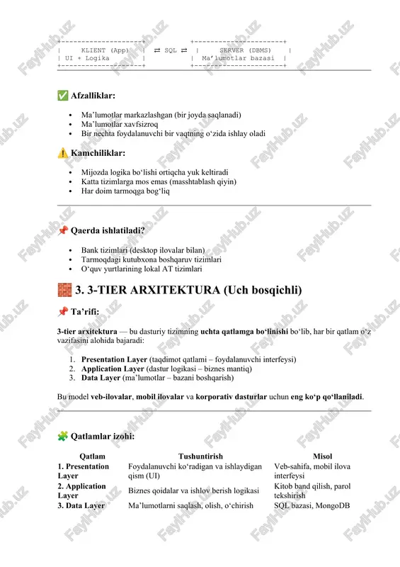 --------------+ ⇅ +-------------------------+ | application layer | ← logika (backend – python, php, java) | (biznes qoidalar) | +-------------------------+ ⇅ +-------------------------+ | data layer | ← ma’lumotlar bazasi (mysql, mongodb) +-------------------------+ ✅ afzalliklari: · har bir qatlam alohida boshqariladi (modullik) · katta loyihalar uchun mos · kengaytirish va yangilash oson · xavfsizlik yuqori ⚠️ kamchiliklari: · tuzilishi va sozlash murakkabroq · resurs talab qiluvchi (server, tarmoq) 🧠 real hayotdan misollar: tizim presentation application data kutubxona veb-ilovasi html/css, react node.js, django mysql, mongodb internet do‘koni mobil ilova ui php logika postgresql 🔁 taqqoslash: xususiyat 2-tier 3-tier arxitektura soddaligi oddiy murakkabroq masshtablash qiyin oson har bir qatlam mustaqilmi? yo‘q ha qayerda ishlatiladi? lokal dasturlar veb va korporativ tizimlar 🧱 4. 4-tier arxitektura (to‘rt bosqichli model) 📌 ta’rifi: 4-tier arxitektura — bu tizimni to‘rtta qatlamga bo‘lish orqali modullik, xavfsizlik, masshtablash va xizmatlarni ajratish imkonini beruvchi dasturiy arxitekturadir. bu modelda 3-tier arxitekturaga qo‘shimcha servis …