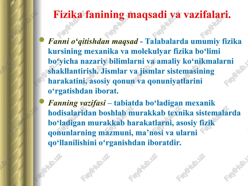 va muayyan birliklarga taqqoslanadi. kuzatish va tajribalarda fizik kattaliklarni aniq va to‘g‘ri o‘lchash har qanday ilmiy tekshirishning asosini tashkil qiladi. kuzatish va tajribalar yordamida tabiatda yuz berayotgan fizik hodisalarning bog‘lanish qonunlari - fizik qonuniyatlari ochiladi va o‘rganiladi. bu qonuniyatlarni ochish ko‘p sonli kuzatishlar, tajribalarga asoslanadi. shu kuzatishlarda asosiy qonuniyatlarda qo‘shimcha yoki ikkinchi darajalilardan ajratib olishga harakat qilinadi va bu jarayonda maxsus ilmiy abstraksiyalardan foydalanib, hodisalarning shartli sxemasi yaratiladi. masalan: harakatlanuvchi mashinani moddiy nuqta deb qarash kabi, shuningdek fizik qonuniyatlarni o‘rganishda bu jarayonlar birmuncha soddalashtiriladi. fizika fani eksperimental fandir. uning barcha xulosalari tajribalar tufayli yuzaga kelgan. ammo ma’lum qonuniyatlarni ochishda nazariy taxminlar, modellarga ham tayanadi ya’ni jarayonni to‘la tasavvur etish uchun ma’lum bir modellarga asoslanib ish ko‘riladi va eksperimental tekshiriladi. keyingi yillarda bunday modellar yaratish va shu asosda ilmiy xulosalar chiqarish yanada kengaymoqda. biror fizik hodisa ro‘y bersa biror joyda va biror vaqtda ro‘y beradi. shuning uchun shu joyni, vaqtni aniqlash …