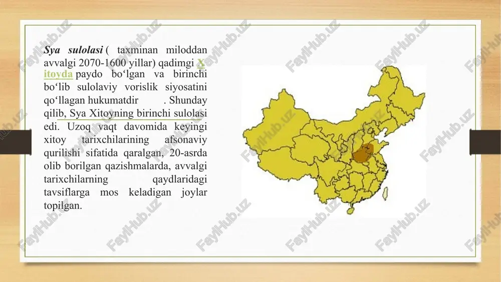 (miloddan avvalgi 1046-256) natijasida yuzaga kelgan deyarli doimiy urushlar davri . u shi xuandi (miloddan avvalgi 221-210 yillar hukmronligi) tomonidan asos solingan,u chjouning markazlashtirilmagan hukumat siyosati uning qulashiga hissa qo'shganini tushungan va shuning uchun markazlashgan davlatni o'rnatgan, bu esa aristokratiya kuchini pasaytirgan, turli davlatlar o'rtasidagi chegaralarni yo'q qilgan. davlatlar va huquqshunoslik falsafasi qoidalariga muvofiq faoliyat ko'rsatgan . u qin ("chin" deb talaffuz qilinadi) davlatidan kelib chiqqan bo'lib, u xitoyga o'z nomini berdi, chunki u eng g'arbiy davlat bo'lgan va shuning uchun g'arbiy savdogarlar birinchi navbatda shug'ullangan. image5.png image6.png image7.jpeg image8.jpeg image9.jpeg image10.png image11.jpeg image12.jpeg image13.png image14.png image15.jpeg image16.jpeg image17.jpeg image18.jpeg image19.png image20.jpeg image21.gif image22.jpeg image23.jpg image3.png image4.png /docprops/thumbnail.jpeg
