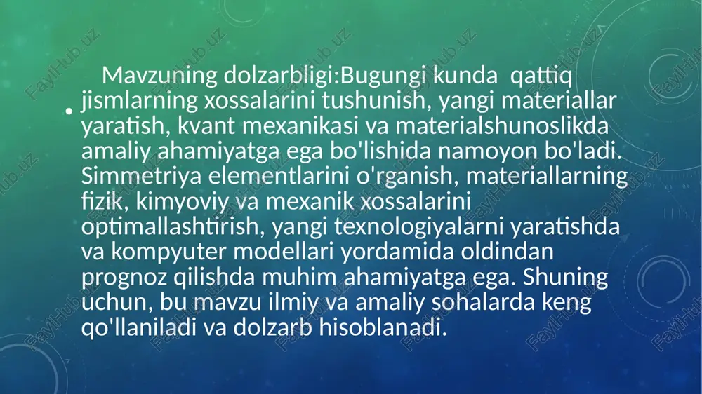 ish uchun ishlatiladi. bu jadval turli o'zgaruvchilar orasidagi munosabatlarni aniqlashda va ularga asoslangan tahlillarni osonlashtirishda yordam beradi. shenflis jadvali ko'pincha kontingentlik jadvali yoki kesishish jadvali sifatida ham tanilgan. shenflis jadvalining asosiy maqsadi — ikkita yoki undan ortiq o'zgaruvchilarning kombinatsion taqsimotini yoki ularning bir-biriga ta'sirini ko'rsatishdir. u ko'plab o'zgaruvchilarning statistikasi yoki ehtimolliklarining tahlilini amalga oshirishda yordam beradi. bunday jadvalda har bir o'zgaruvchining ehtimoliy taqsimotlari va ularga mos keluvchi qiymatlar keltiriladi. shyonflys simmetriya guruhlari (c, d, o) : c – siklik guruh c₁ – hech qanday simmetriya yo‘q (faqat 360° aylanganda o‘ziga qaytadi). masalan: inson yuzi (hech qanday simmetriya o‘qiga ega emas). c₂ – gaychaning simmetriyasi, to‘g‘ri to‘rtburchak shakl. c₃ – 120° aylantirganda o‘zgarishga uchramaydigan shakl. masalan: 3 yaproqli shakl. c₄ – 90° aylantirganda o‘zgarishga uchramaydigan shakl. masalan: kvadrat. c₆ – 60° ga aylantirganda o‘zgarishga uchramaydigan shakl. masalan: 6 qirrali yulduz. d – dihedral guruh d₂ – 2 ta o‘zaro 2-tartibli simmetriya …