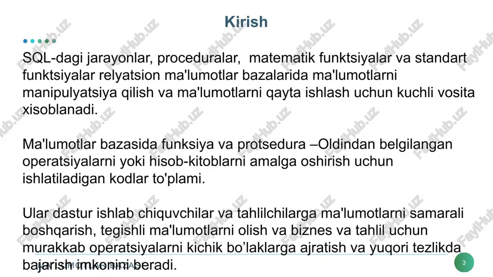 atija; funksiya chaqirilganda javob qaytariladi va natijasi natija 9750000 select jami_ish_xaqi(5 200 000, 4 550 000) as natija; sqlda standart matematik funksiyalar mysql-da matematik funksiyalardan boshqalarini ham qo'llab-quvvatlash mumkin. cos, sin, tan, log, sqrt, abs va hokazo turli xil arifmetik amallarni bajarish +, -, *, / ushbu matematik funksiyalarni to’g’ridan to’g’ri so’rov ichida yozish mumkin: select avg(100 * (sales/quota-sales)) from salesreps; select id, name, sqrt(salary) as sqrt_salary from employees; sql tilida matematik funksiyalar sql tilida matematik funksiyalaridan quyidagilar ishlatiladi: abs (son) –sonning absolyut qiymatini hisoblaydi; select abs(-243.5) as absnum; rand(son) – 0 va 1 oralig’ida tasodifiy sonni hisoblaydi; rand()*5+5; select rand()*5+3; round(son, aniqlik) – ko’rsatilgan aniqlikda sonni yaxlitlaydi. select round(235.415, 2); 235.42 power(son, daraja) – sonni ko’rsatilgan darajaga ko’taradi; select power (3,2); 32 sqrt(son) – sondan kvadrat ildiz chiqaradi; select sqrt(64); sin(burchak) – radianlarda ifodalangan burchak sinusini hisoblaydi; ma”lumotlar bazasi funksiya vs protsedura 18 xususiyat funksiya protsedura maqsad hisob-kitoblarni bajarish …