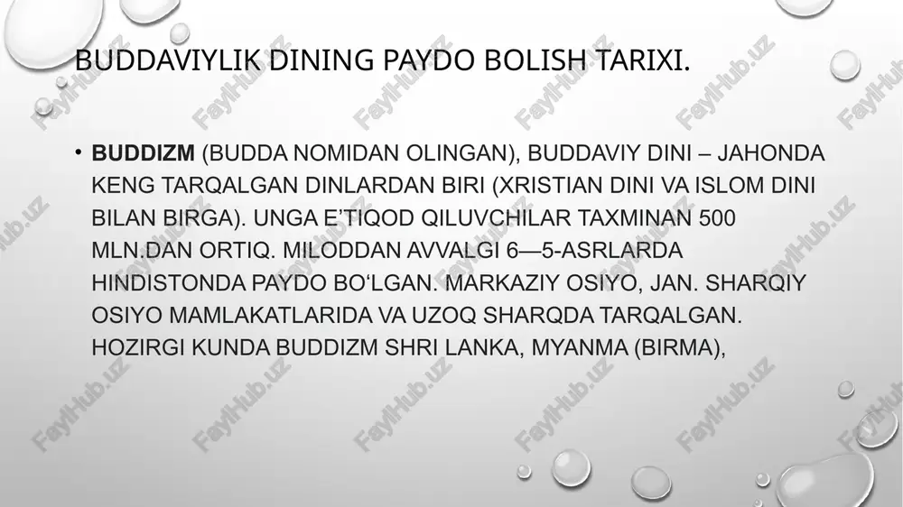oʻz jamoalarini tashkil etdilar. xitoylik va yaponiyalik muhojirlar bu eʼtiqodni gavay orollari va aqshning gʻarbiy sohillariga olib keldilar. hozirgi paytda aqshga koʻplab yapon va tibet rohiblari hamda olimlarining kirib kelishi natijasida mamlakat boʻylab yirik buddizm jamoalari tashkil topdi. buddizmning bir necha xalqaro tashkilotlari ham mavjud. buddizm asoschisining shaxsi buddizm tarixi tadqiqotchilari mavjud manbalar asosida bu oqim asoschisi real tarixiy shaxs ekanligini taʼkidlaydilar. bu taʼlimot toʻgʻrisida xabar beruvchi adabiyotlarda u siddxartxa, gautama (gotama), shakyamuni, budda, tadxagata, jina, bxagavan kabi ismlar bilan zikr etiladi. bu ismlar maʼnolari quyidagicha: siddxartxa – shaxsiy ism, gautama – urugʻ nomi, shakyamuni – „shakya qabilasidan chiqqan donishmand“, budda – „nurlangan“, tadxagata – „shunday qilib, shunday ketgan“, jina – „gʻolib“, bxagavan – „tantana qiluvchi“. ular ichida eng mashhuri „budda“ boʻlib, shundan ushbu dinga buddizm nomi berilgan. buddizm taʼlimoti, asosan, uch qismdan iborat: 1) axloq; 2) meditatsiya; 3) donolik. 1. axloq normalari – „pancha shila“ (buddaning besh nasihati): qotillikdan …