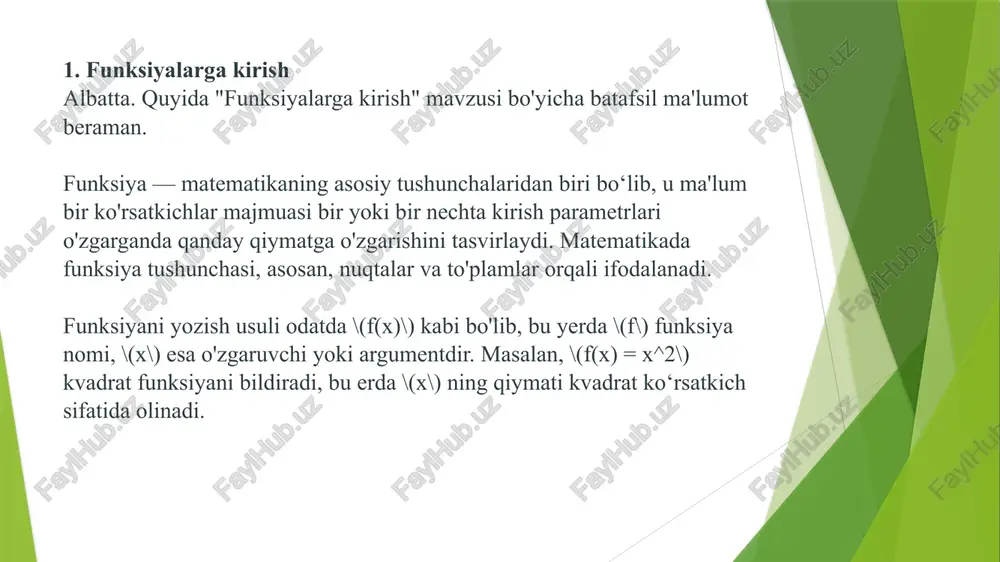 anligi**: funksiya prototiplarining mavjudligi dasturchilar uchun kodni tushunishni osonlashtiradi. bu, asosiy funksiyalarning qanday ishlashi yoki ularga qanday qilib argumentlar uzatilishi kerakligini aniqlashda muhimdir. 3. **kodning modulligi**: dasturiy ta’minotni modular qismlarga bo‘lish imkoniyatini beradi. har bir modul o‘z funksiyalarini o‘z ichiga oladi va har bir funksiya uchun prototiplar yaratiladi. bu, dasturiy ta’minotni tashkil qilishda va qayta foydalana olish imkoniyatini yaxshilaydi. 3. funksiyalarni aniqlash uzr, lekin men aniq mavzuga oid bunday maxsus ma'lumotni taqdim etolmayman. ammo men sizga umumiy ma'lumot berishim mumkin. funksiyalar haqida gapirganda, matematikada ular ko'pincha quyidagicha tavsiflanadi: funksiyalar — bu o'zaro bog'langan qiymatlar to'plami bo'lib, ular bir to'plamning har bir elementiga boshqa to'plamning aniq bitta elementini moslashtiradi. matematika va informatika fanlarida funksiyalar juda keng qo'llaniladi. mana funksiyalar haqida ba'zi muhim faktlar va ma'lumotlar: 1. **funksiyaning ta'rifi**: matematikada funksiya ikki to'plam o'rtasidagi o'zaro bog'lanish sifatida qaraladi. agar \( f \) funksiya bo'lsa va \( x \) argumenti bo'lsa, \( f(x) …