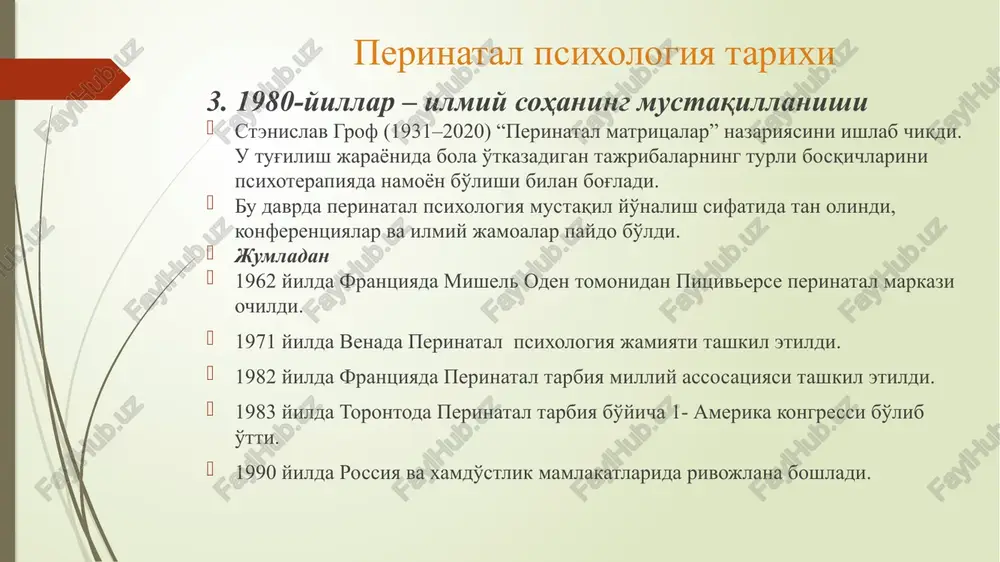 g yunalishlari: antenatal psixologiya- xomiladorlik davrida ona va xomilaning ruxiy xolatlari, psixologik ta'sirlar natal psixologiya- tugruk jarayonidagi psixologik omillar postnatal psixologiya- tugrukdan keyingi ona va chakalok psixologiyasi /docprops/thumbnail.jpeg