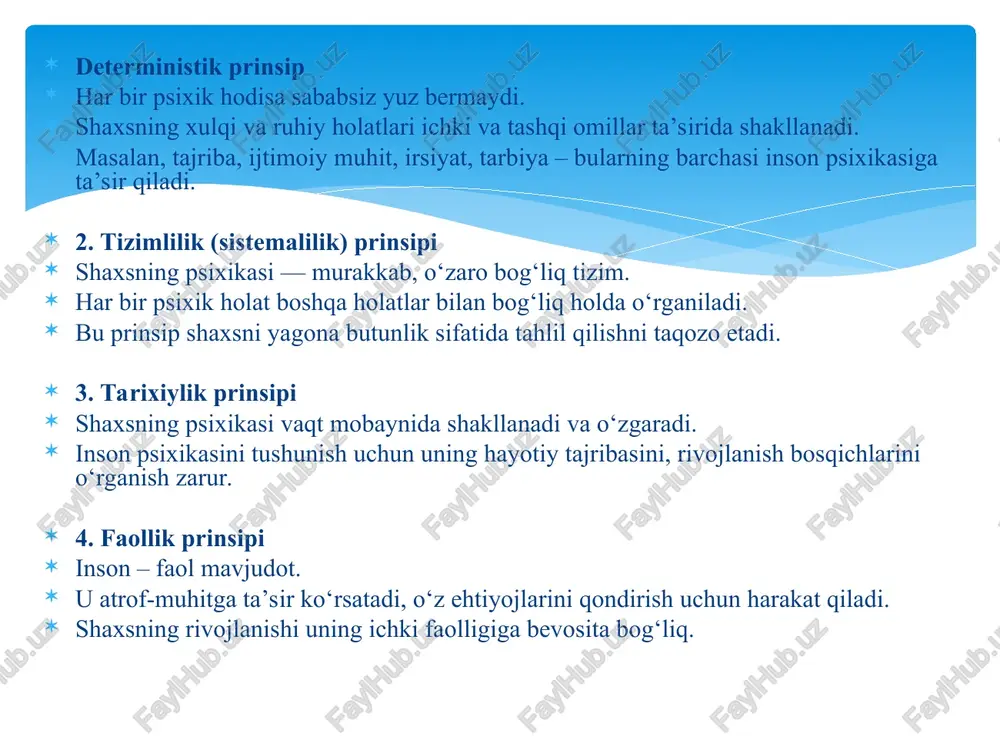 odologiya va ilmiylik metodologiya har bir ilmiy izlanishda ishonchlilikni, obyektivlikni, asoslanganlikni va takrorlanuvchanlikni ta’minlaydi. shu sababli, metodologiyasiz ilmiy ishlar subyektiv yoki noto‘g‘ri bo‘lishi mumkin. metodologiya – bu ilmiy izlanishning asosiy yo‘l-yo‘rig‘i bo‘lib, u orqali biz bilish jarayonini maqsadga yo‘naltirilgan, samarali va ilmiy asoslangan tarzda olib boramiz. har bir ilmiy tadqiqot, ayniqsa psixologiya, pedagogika, sotsiologiya kabi fanlarda to‘g‘ri metodologik asosga tayanishi zarur. shaxs psixologiyasining metodologik prinsiplari prinsip nomi asosiy mazmuni determinizm har bir hodisa sababli, shaxs xulqi ichki-tashqi omillar ta’sirida shakllanadi tizimlilik shaxs psixikasi o‘zaro bog‘liq tizim; holatlar kompleks tarzda o‘rganiladi tarixiylik shaxs rivoji vaqt mobaynida yuz beradi, o‘tmishsiz to‘liq tushunib bo‘lmaydi faollik inson atrofga ta’sir ko‘rsatadi, ehtiyojlariga ko‘ra harakat qiladi obyektivlik tadqiqotlar haqiqatga yaqin, faktlarga asoslangan bo‘lishi lozim amaliy psixologik bilimlar amaliyotda qo‘llaniladi (ta’lim, tibbiyot va h.k.) asosiy tushunchalar kartochkasi (foydalanish uchun): determinant – sababchi omil psixik tizim – inson ruhiyatining tarkibiy qismlari (motiv, his-tuyg‘u, ong va h.k.) tarixiy yondashuv …