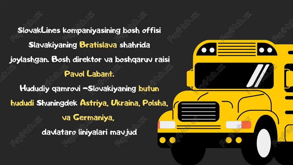 shgan. chipta kassasi bolalar o'rindig'i avtobusda 3 yoshdan 9 yoshgacha bo'lgan bolalar uchun o'rindiqlar va sayohat xavfsizligini oshirish uchun 3 yoshgacha bo'lgan bolalar uchun maxsus yostiqlar mavjud. voyaga etmaganlarning sayohati vena va shvechat yo'nalishlarida 16 yoshgacha bo'lgan shaxslar faqat kattalar hamrohligida sayohat qilishlari mumkin . istisno - bu bolaga ota-onaning roziligi to’g’risidagi imzolangan deklaratsiyasi kerak bo'ladi. premium o'rindiqlar 12 yoshga to'lmagan shaxslar avtoulovning birinchi qatoridagi yuqori darajadagi o'rindiqlarda sayohat qila olmaydi. eslatmalar sayohat kuni xalqaro yo'nalishlar uchun slovak lines chiptangizni bekor qilishingiz mumkin. buni avtobusning rejalashtirilgan jo‘nab ketishidan 15 daqiqa oldin amalga oshirishingiz kerak , aks holda sizdan chipta narxining 100% miqdorida yig‘im undiriladi. agar siz bizning veb-saytimizda ro'yxatdan o'tgan foydalanuvchi bo'lsangiz, chiptani bekor qilish eng oson . chiptani bekor qilgandan so'ng, sizga transport jadvalida belgilangan hajmda bekor qilingan chipta qiymatidagi vaucher bilan elektron pochta xabari keladi. xarid qilingan chiptani boshqa sana va vaqtga o'zgartirib bo'lmaydi . biroq, bepul bekor …