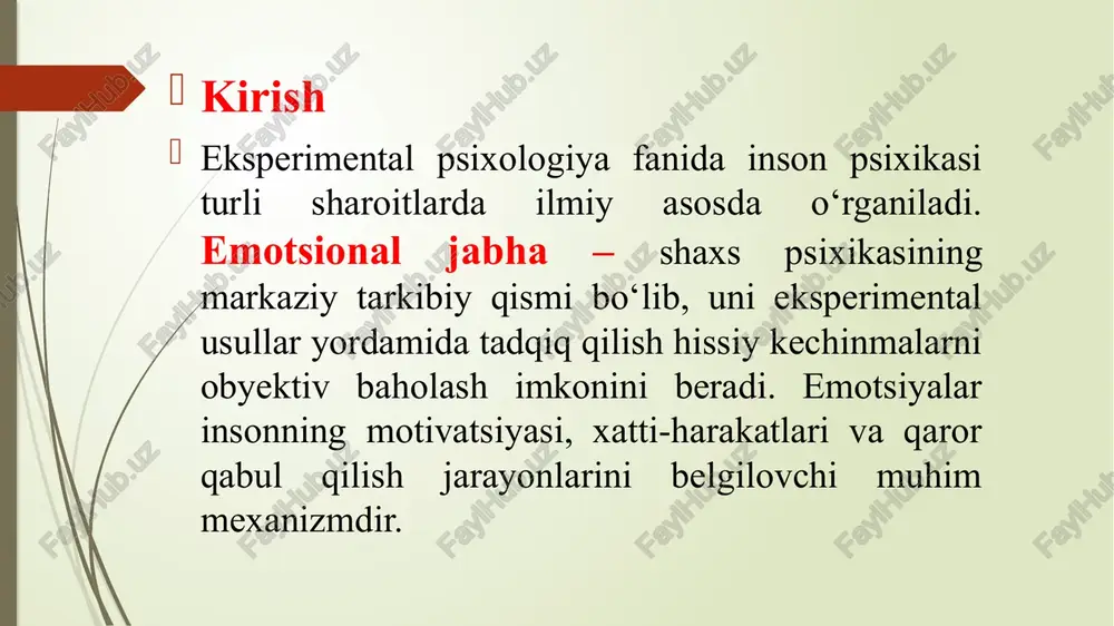 gsiz ravishda kechadi. kognitiv tuzilma kognitiv jarayonlar (idrok, tafakkur, xotira) emotsiyalarga baho berish va ularni boshqarishda muhim rol o‘ynaydi. r. lazarusning “kognitiv baholash nazariyasi”ga ko‘ra, inson avvalo vaziyatni baholaydi, so‘ng emotsiya yuzaga keladi. ongsizlik va emotsiyalar ongsiz emotsiyalar – odam o‘zi sezmagan holda emotsional javob qaytarishi mumkin (masalan, qo‘rqinchli tovushga refleks javob). eksperimental psixologiyada buni qo‘rquv shartlanishi orqali o‘rganish mumkin. ongli emotsiyalar – shaxs o‘z hissiyotini anglaydi va ifodalaydi 1. ongsizlik tushunchasi ongsizlik (ong osti) — bu inson ruhiy hayotining katta qismi bo‘lib, u to‘liq anglanmaydi va ong nazoratiga bo‘ysunmaydi. sigmund freyd nazariyasiga ko‘ra, ong osti inson xatti-harakatlari, emotsiyalari va fikrlarining asosiy manbaidir. ongsizlikda bolalikdagi tajribalar, orzular, qo‘rquvlar, ijtimoiy jihatdan nomaqbul istaklar va ularni bostirish mexanizmlari saqlanadi. 2. emotsiyalar va ong osti bog‘lanishi emotsiyalar ko‘pincha ongli ravishda boshqarilmaydi, ular ko‘proq ong ostidan kelib chiqadi. masalan: biror kishini ko‘rib hayajonlanishimiz yoki vahima paydo bo‘lishi biz ongli ravishda tanlay olmaydigan jarayon. ongsizlikda …