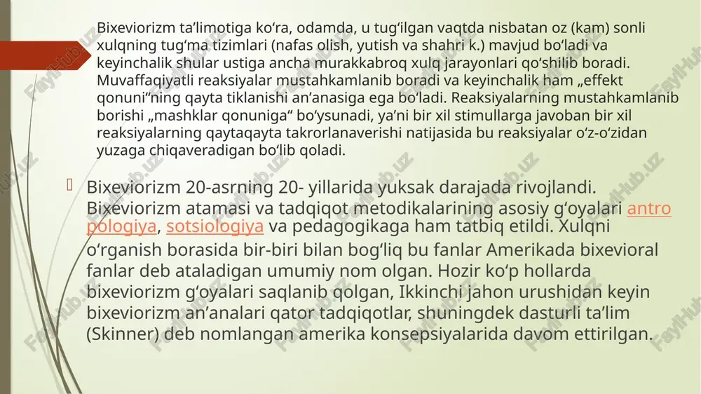 obrazlar) goʻyo odam miyasidagi elektrik jarayonlar tufayli yuzaga keladi. 20-asrning 40-yillarida v. kyoler miyadagi elektr maydonlari oʻzaro munosabatlari xususidagi fikrni miya qismlari elektr zaryadlari bilan toʻyinishi haqidagi gʻoyalar bilan toʻldirdi. bu elektr zaryadlar miyaning u yoki bu qismida uzoq vaqtli qoʻzgʻalishlarni yuzaga keltiradi. ularning miya bir qismidan kamroq toʻldirilgan boshqa qismiga oʻtishi ayrim illyuziyalarni va idrok xususiyatlarini paydo qiladi. geshtaltpsixologlarning eksperimental metodikasi va ular orqali olingan maʼlumotlar idrok va tafakkur psixologiyasini maʼlum darajada boyitdi. personalizm[1] (lot. persona — shaxs) — falsafiy yoʻnalish. unga koʻra, odam fiqolovchi mavjudot emas, harakat qiluvchi, muayyan mavqeni egallovchi shaxsdir. p. 20-asrning boshlarida rossiya (n. a. berdyayev, l. shestov) va aqsh da (b.p.boun) vujudga kelgan. p.ning markazida shaxs tushunchasi turadi. xususan, bilish nazariyasida shaxs bilish jarayonining ishtirokchisi sifatida qaraladi. shu maʼnoda nitsshepyap keyin barcha falsafa u yoki bu darajada shaxslashtirilgan. falsafiy antropologiyani ham p.ning namoyon boʻlishi shakli deb hisoblash mumkin. etikada p. deganda individual qadriyatlarni boshqa …