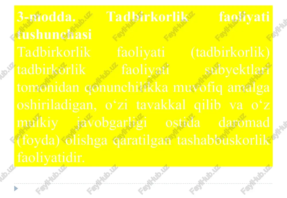 irkorlikning amalga oshirilishi, oddiy shirkat va dehqon xo‘jaligi tuzilishi, faoliyat ko‘rsatishi hamda faoliyatining tugatilishi bilan bog‘liq munosabatlar qonunchilik bilan tartibga solinadi. 8-modda. tadbirkorlik faoliyati subyektlarining huquqlari tadbirkorlik faoliyati subyektlari: qonunchilikda taqiqlanmagan har qanday faoliyatni amalga oshirishga; yuridik shaxs bo‘lgan boshqa tadbirkorlik subyektlarining muassislari (ishtirokchilari) bo‘lishga; mulk huquqi asosida o‘ziga tegishli bo‘lgan mol-mulkka egalik qilishga, undan foydalanish va uni tasarruf etishga; o‘z faoliyati yo‘nalishlarini, tovarlar (ishlar, xizmatlar) yetkazib beruvchilarni va o‘z tovarlarining (ishlarining, xizmatlarining) iste’molchilarini mustaqil ravishda tanlashga; tadbirkorlikdan cheklanmagan miqdorda daromad (foyda) olishga, bundan tovarlar (ishlar, xizmatlar) bozorida ustun mavqeni egallab turgan tadbirkorlik faoliyati subyektlari mustasno; o‘z tovarlarini (ishlarini, xizmatlarini), ishlab chiqarish chiqindilarini bozor konyunkturasidan kelib chiqib, mustaqil ravishda belgilanadigan narxlar va tariflar bo‘yicha yoki shartnoma asosida realizatsiya qilishga, qonunchilikda nazarda tutilgan hollar bundan mustasno; barcha ishlab chiqarish xarajatlarining o‘rni qoplanib, soliqlar va boshqa majburiy to‘lovlar to‘langanidan keyin qolgan daromadni (foydani) erkin tasarruf etishga, sud tartibidagi majburiy undiruv hollari bundan …