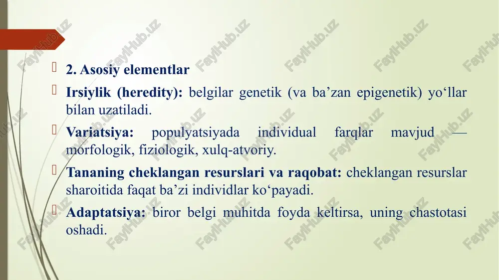 rdagi individlarning juftlanishda muvaffaqiyatini oshiruvchi belgilar uchun tanlanish bosimi. u tabiiy tanlanishdan farqli jihati shundaki, u ko‘proq ko‘payish muvaffaqiyatiga (reproductive success), nafaqat omon qolishga qaratilgan. 2. ikkita asosiy yo‘l intrasexual (bir jins ichidagi) tanlanish: ko‘proq odatda erkaklar orasidagi raqobat (masalan, kurash, resurslar ustidan nazorat). natijada kuch, katta tana hajmi, aggressiv xatti-harakatlar tanlanadi. intersexual (juft tanlash): urg‘ochilar tomonidan erkaklarning tanlanishi; ko‘pincha estetik yoki signalizatsion belgilarga (masalan, rangli patlar, qo‘shiq, parvoz) qiymat beriladi. 3. mexanizmlar sexual dimorphism: jinslar orasidagi tashqi farqlar jinsiy tanlanish natijasida rivojlanadi. ornament vs armament: bezaklar (jinsiy jozibadorlik) va qurollar (raqobat uchun) kontseptsiyalari. signalizatsiya va honest signal: jozibador belgilar ko‘pincha organizmning sog‘lig‘i yoki genetik sifati haqida ma’lumot beradi. ishonchli signal bo‘lishi uchun u qimmat (energetik jihatdan) bo‘lishi kerak. 4. insondagi misollar erkaklardagi ijtimoiy mavqe, boylik yoki ta’sir — resurs va himoya signali sifatida. jozibadorlik mezonlari — yuz simmetriyasi, tana nisbatlari, ovoz balandligi, yuz ifodalari va boshqalar. erkaklar va ayollarning …