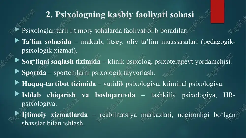 ulq-atvori va tafakkur jarayonlarini chuqur tahlil qiladi. ruhiy jarayonlarni ilmiy asosda tushuntirish orqali muammolarni hal qilish yo‘llarini ko‘rsatadi. 2. diagnostika psixodiagnostik testlar, suhbat, kuzatish, anketa va boshqa metodlar yordamida shaxsning individual xususiyatlarini aniqlaydi. o‘quvchi, sportchi, bemor yoki xodimning psixologik salohiyati, qobiliyati va muammolarini tashxislaydi. 3. konsultatsiya shaxsiy, oilaviy yoki guruhiy muammolarda maslahat beradi. shaxsning ichki resurslarini faollashtirib, mustaqil yechim topishga yordam beradi. ota-onalar, o‘qituvchilar, rahbarlar yoki turli soha vakillariga psixologik maslahatlar berishi mumkin. 4. korrektsiya va rivojlantirish shaxsning psixik jarayonlarini (xotira, diqqat, tafakkur, hissiyot) rivojlantirishga qaratilgan mashg‘ulotlar o‘tkazadi. emotsional buzilishlar, o‘ziga ishonchsizlik, agressiya kabi salbiy holatlarni kamaytiradi. ijtimoiy ko‘nikmalarni shakllantirish, jamoada o‘zini tutish madaniyatini rivojlantirishga xizmat qiladi. 5. psixoprofilaktika stress, charchoq, nizolar, oilaviy inqirozlar, deviant va delinkvent xulq kabi muammolarning oldini olishga qaratilgan ishlarni tashkil etadi. bolalar, o‘quvchilar va xodimlar o‘rtasida sog‘lom psixologik muhit yaratadi. psixologik madaniyatni oshirish bo‘yicha trening va seminarlar o‘tkazadi. 6. tadqiqot olib borish va ilmiy xulosalar …