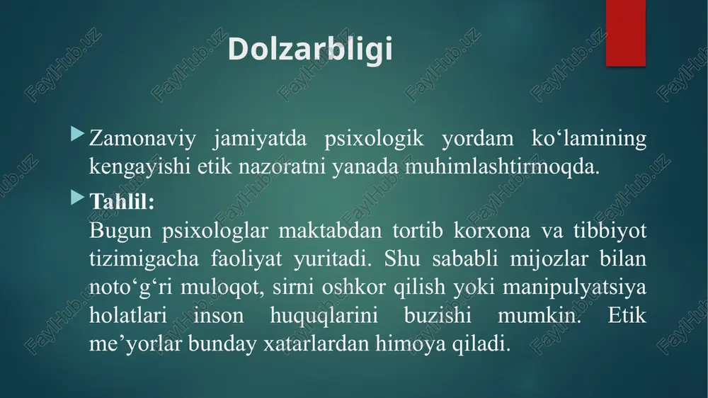 hegaralar psixolog va klient o‘rtasida professional masofa saqlanishi kerak. tahlil: bu chegaralar hissiy bog‘lanish, qaramlik yoki suiiste’molning oldini oladi. masalan, psixolog klient bilan do‘st yoki hamkor bo‘lishi — etik jihatdan to‘g‘ri emas. etik me’yorlarning buzilishi etik me’yorlar buzilganda maxfiylik, ishonch, mas’uliyat tamoyillari izdan chiqadi. tahlil: masalan, psixologning klient ma’lumotlarini oshkor qilishi nafaqat kasbiy, balki huquqiy javobgarlikka sabab bo‘ladi. bunday holatlar psixologik sohaning nufuziga zarar yetkazadi. etik buzilish oqibatlari klientning ishonchini yo‘qotish kasbiy obro‘ning pasayishi huquqiy sanksiyalar tahlil: etik buzilish psixologik yordamning mohiyatini yo‘qqa chiqaradi. shu bois, xalqaro tashkilotlar (apa, efpa) bunday holatlar uchun maxsus nazorat tizimini joriy etgan. psixolog etik kodeksi psixolog etik kodeksi — bu kasbiy faoliyatni tartibga soluvchi xalqaro hujjat. tahlil: apa (american psychological association) etik kodeksi psixologlarning harakat doirasini belgilaydi. unda shaxs huquqlari, maxfiylik, professional chegaralar va ilmiy halollik qoidalari batafsil yoritilgan. o‘zbekiston sharoitida etik me’yorlar psixologik xizmat etikasi milliy qonunchilik va madaniyat bilan uyg‘un holda shakllanmoqda. …