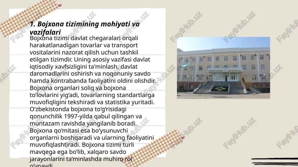 boji va maxsus bojxona to'lovlari. import boji chet eldan keltirilayotgan tovarlarga qo'llanilib, ularning qiymati yoki miqdoriga asoslanadi. eksport boji esa mamlakatdan tashqariga olib chiqilayotgan tovarlarga tatbiq etiladi. tranzit boji davlat hududi orqali o'tayotgan tovarlarga nisbatan qo'llaniladi. maxsus bojxona to'lovlari esa antidemping, kompensatsiya va himoya bojlarini o'z ichiga olib, maxsus sharoitlarda tatbiq etiladi. bu to'lovlar davlat budjetini to'ldirish, milliy ishlab chiqaruvchi va iste'molchilar manfaatlarini himoya qilish maqsadida joriy etiladi. bojxona ishini tashkil etish va boshqarish asoslari fayzullayev alibek homidov javohir e'tiboringiz uchun raxmat! image1.png image2.png image3.png image4.jpg image5.png image6.jpg davlat tili /docprops/thumbnail.jpeg