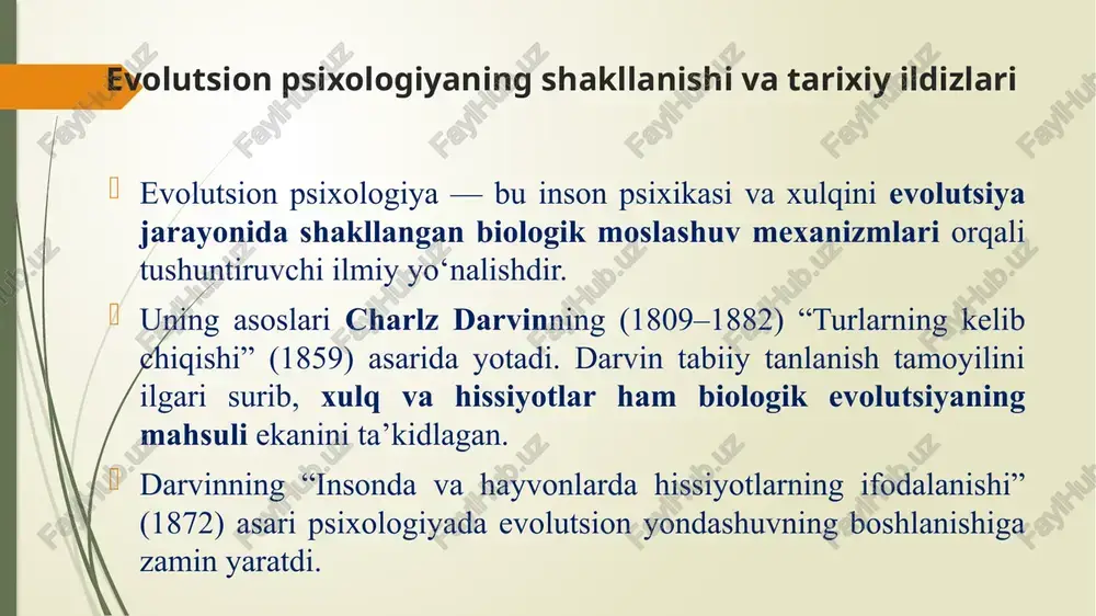 tsion psixologiya “tabiat va tarbiya” (nature vs nurture) qarama-qarshiligini birlashtiruvchi yondashuvni taklif etadi. inson xulqi genetik omillar (biologik dastur) va ijtimoiy muhit (madaniyat, tarbiya, qadriyatlar)ning murakkab o‘zaro ta’siri mahsulidir. masalan, ota-onalik instinkti genetik asosga ega bo‘lsa-da, uning ifodalanishi madaniyat va ijtimoiy qadriyatlarga bog‘liq. shuningdek, hamkorlik, raqobat, rashk yoki muhabbat kabi emotsiyalar ham genetik moslashuv bilan birga ijtimoiy o‘zgarishlarga moslashadi. demak, evolutsion psixologiya insonni biologik va sotsiopsixologik mavjudot sifatida bir butun holda o‘rganadi. ilmiy va ilmiygacha bo‘lgan psixologiya psixologiyaning tarixiy rivojlanishida ilmiy va ilmiygacha bosqichlar mavjud. ilmiygacha psixologiya asosan falsafiy va diniy qarashlarga asoslangan, unda inson ruhining tabiati, ongning mohiyati va xulq-atvor sabablarini tushunishga qaratilgan g‘oyalar va nazariyalar mavjud edi. shu davrda psixologiya ko‘proq falsafaning bir qismi sifatida qaralgan va "ruh" yoki "ong" tushunchalari markazida edi. ilmiy va hayotiy psixologiya va ularning o‘zaro aloqasi ilmiy psixologiya — bu psixologik hodisalarni empirik metodlar orqali o‘rganishga asoslangan, ya'ni ilmiy tadqiqotlar, eksperimentlar, statistik tahlil …
