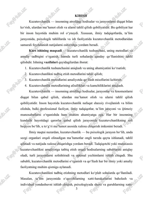 i nazaridan ham muhim hisoblanadi. i bob kuzatuvchanlikning ilmiy-nazariy asoslari 1.1. kuzatuvchanlik tushunchasi va uning ahamiyati kuzatish (psixologiyada) — voqelikdagi narsa va hodisalarni rejali, uzluksiz, mukammal idrok qilish; voqelikni hissiy bilish uslubi. kuzatish qadimdan hozirgi davrgacha kuzatuvchilarning asosiy tadqiqot vositalaridan biri sanaladi. u hissiy bilishning omillari, xususiyatlari, qonuniyatlari toʻgʻrisida dastlabki tasavvurlar hosil qilishga qaratilgan inson faoliyati shaklidir. kuzatishning qay darajada boʻlishi qoʻyilgan maqsadning aniqligiga, kuzatilayotgan narsa va voqealar haqida oldindan bilimga ega boʻlishga, kuchli, barqaror diqqat bilan faol fikrlash kuzatishga bogʻliq. kuzatishda idrok va tafakkur uzviy bogʻlanadi. kuzatishda tegishli xulosalar chiqariladi, fakt, voqealar nazariy tahlil etiladi, farazlar olgʻa suriladi. kuzatishning obʼyektiv (tashqi kuzatish) va subʼyektiv (ichki, oʻzini oʻzi kuzatish ) turlari mavjud. kuzatish orqali odamlarning diqqati, his-tuygʻulari, imoishoralari, sezgirligi, xulq-atvori, nutqi, faoliyati, muomala maromi va boshqa oʻrganiladi. oʻzini-oʻzi kuzatish (introspeksiya)dan foydalangan psixolog oʻzining xulqi, muomalasi toʻgʻrisida ilmiy, haqqoniy xulosa chiqara biladi. vyursburg psixologiya maktabi (germaniya) namoyandalari kuzatish byuler (1879— 1922), …