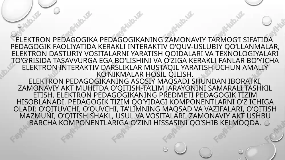 sh, xavfsizlikni ta’minlash, ijtimoiy sohalar, ilm-fan va texnikani rivojlantirishda muhim o’rin tutadi. hozirgi kunda jamiyatni yuqori texnologiyalarsiz, kompyuterlarsiz, global tarmoqqa ulanmasdan va axborot resurslaridan foydalanmasdan rivojlantirib bo’lmaydi. ular ijtimoiy hayotning ajralmas qismi va mamlakat taraqqiyotining mezoniga aylanmoqda. . akt tasniflanishiga mos ravishda didaktik imkoniyatlarini uchta guruhga ajratish mumkin: 1. o‘quv ma'lumotlarini taqdim etish. 2. o‘quv ma'lumotlarini uzatish. 3. o‘quv jarayonini tashkil etish. o‘quv ma'lumotlarini taqdim etish aktlarning didaktik imkoniyatlari: - axborotlarni ta'limga oid elektron resurslar orqali matn, grafika, audio, video, animasion formatda ko‘rsatish va uzatish; - qiziqtiruvchi ma'lumotlarni taqdim etish imkoniyati; - qabul qilingan bilimlar asosida ko‘nikmalarni mustaxkamlash va ko‘nikmalarni amalda qo‘llash imkoniyati; - o‘quv, o‘quv-uslubiy, ilmiy axborotlarni tayyorlash, tartibga solish va ishlov berish; - axborotni saqlash va yig‘ish; - axborotni tizimlashtirish. o‘quv ma'lumotlarini uzatish aktlarning didaktik imkoniyatlari: - axborot-kommunikasiya texnologiyalar yordamida axborotlarni turli shakllarda tarqatish; - ma'lumotlardan keng foydalanishni ta'minlash; - qiziqtiruvchi ma'lumotlarni olish uchun biron-bir elektron ma'lumotlar bankiga …