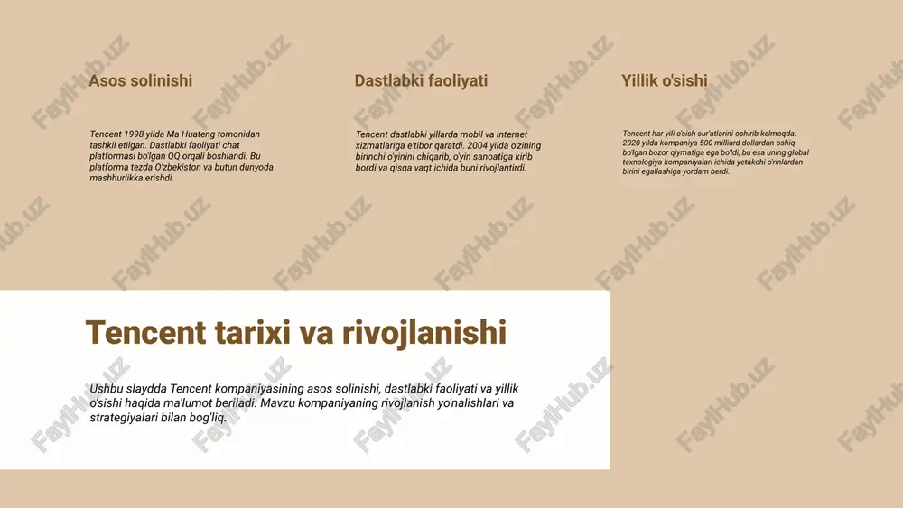 har bir strategiyaning qisqacha ta'rifi 1) operatsion strategiya - samarali ishlab chiqarishni ta'minlaydi; 2) rivojlanish strategiyasi - yangi imkoniyatlarni yaratadi; 3) moliyaviy strategiya - moliyaviy barqarorlikni saqlaydi. innovatsion yondashuvlarning ahamiyati innovatsion yondashuvlar biznesni rivojlantirishda muhim rol o‘ynaydi, chunki ular yangi texnologiyalarni qo‘llash va bozor talablariga moslashishga imkon beradi. boshqaruv strategiyalari va innovatsion yondashuvlar boshqaruv strategiyalari va innovatsion yondashuvlar haqida umumiy ma'lumotlar taqdim etiladi. har bir strategiyaning asosiy turlari, qisqacha ta'riflari va innovatsion yondashuvlarning ahamiyati muhokama qilinadi. kuchlar tencentning kuchlari orasida kuchli brend nomi, keng xizmatlar portfeli va global miqyosda raqobatbardoshligi mavjud. shuningdek, kompaniya texnologiya va innovatsiyalar sohasida yetakchi hisoblanadi, bu esa uning bozor pozitsiyasini mustahkamlashga yordam beradi. zaifliklar tencentning zaifliklariga yuqori darajadagi raqobat, shuningdek, regulyatorlar bilan muammolar kiradi. shu bilan birga, kompaniya ba'zi xizmatlarida foydalanuvchilar bilan aloqa o'rnatishda qiyinchiliklarga duch kelishi mumkin. imkoniyatlar o'zbekistonda raqamli iqtisodiyotning o'sishi, yangi bozorlarga kirish va yangi texnologiyalarni joriy etish tencent uchun imkoniyatlar yaratadi. shuningdek, …