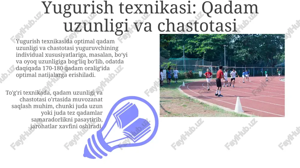 hiradi. qo'nish paytida tananing og'irlik markazini pastga va orqaga siljitish, bu esa 2-3 soniyada impulsni yumshatishga va muvozanatni saqlashga yordam beradi. yugurish texnikasi: tana holati qo'llarni 90 graduslik burchak ostida egib, yelkalar darajasida ushlab turish yugurish ritmini yaxshilash va energiyani tejashga yordam beradi, bu esa chidamlilikni oshiradi. tananing vertikal holatini saqlash, orqa miya to'g'ri holatda bo'lishi, yugurish paytida zarar yetkazish ehtimolini kamaytiradi va mushaklarning samarali ishlashini ta'minlaydi. yugurish texnikasi: start va finish 1 2 finish chizigʻiga yaqinlashganda, tananing oldinga egilishi 15-20 gradusni tashkil etishi va qoʻllarni ritmik ravishda harakatlantirish kerak. sales 1st qtr 2nd qtr 100 0 sales 1st qtr 2nd qtr 100 0 yutuqlarni baholash yutuqlarni ob'ektiv baholash uchun video tahlil va kinematik ko'rsatkichlarni (masalan, oyoq tezligi, vertikal tezlanish) qo'llash orqali, sportchining harakatlarini 100 kadr/sekund tezlikda tahlil qilish tavsiya etiladi. baland sakrashda, sakrashning balandligi va uzoqligi, shuningdek, yugurish tezligi va to'siqni o'tish texnikasi kabi 4 ta parametrni o'lchash orqali …