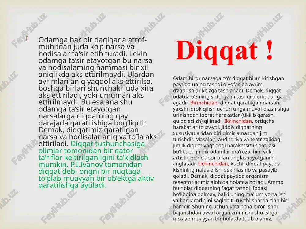 q vaqt mobaynida davom etadigan diqqat turi bo’lib, u zo ’r berishlikni, ya'ni irodaviy kuch sarf qilishlikni talab etadi. ixtiyoriy diqqatning nerv fiziologik asosida miya yarim sharlarining po'stida vujudga keladigan optimal qo’zg’alish manbai bilan ikkinchi signallar sistemasining faoliyati yotadi. ixtiyoriy va ixtiyorsiz diqqatdan tashqari uning yana bir alohida turini ixtiyoriydan so ’nggi diqqatni k o ’rsatib o ’tish mumkin. bu tushuncha psixologiyaga n.f.dobrinin tomonidan kiritilgan.  diqqatning ko’lami odatda taxistoskop degan maxsus asbob bilan aniqlanadi. bu asbob yordamida ayni bir vaqtning o ’zida idrok ettiriladigan narsalar juda tez k o’rsatiladi. bunda odam o ’z diqqati doirasiga qancha narsa sig ’dira olsa, ana shunga qarab diqqatning keng yoki torligi aniqlanadi. o’tkazilgan tajribalk o’rsatishicha, katta yoshli odamlarda o ’z diqqat doiralariga ayni bir vaqtda 3 tadan 6 tagacha bir-biri bilan b og’liq b o’lmagan narsalarni sig ’dira oladilar. diqqat k o’lam ining keng bo’iishi odam idrok qilayotgan narsalarini atroflicha va chuqur aks …