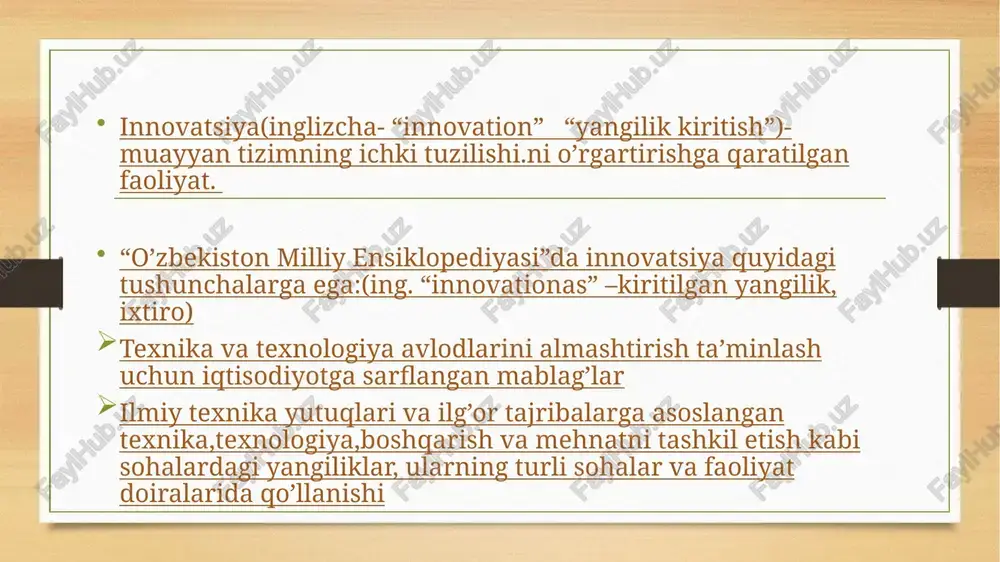 )kirish 3)asosiy qism 4)xulosa aqliy hujum- bu 1)muammoni yechishning novatorlik metodi 2)qisqa vaqt ichida juda ko’p fikrlar 3)fikrlashda erkinlik, o’z hatti-harakatidan mamnun bo’lish 4)tanqidning mavjud emasligi fikriy hujum-talabalar faolligini ta’minlash, erkin fikr yuritish, ijodkorlikka intilishni yuzaga keltirib chiqaradi. namoyish usuli- mashg’ulotga xarita, plakat, kartochka, tv, magnitafon lingafon kabi materiallardan kengroq fgoydalanish kitob bilan ishlash usuli – talabalarning manbalarda mustaqil ishlari, topshiriqni matndan topishi maqsadida. i qo’llaniladi. yana vazifani to’liq va ongli o’zlashtirishni ta’minlayd ma’ruza-suhbat usuli- sector malakaga ega bo’lsa va ayrim savollar bilan tinglovchiga murojaat qilishi nazarda tutiladi. bunda mulohaza boradi. suhbat usuli- talabalar o’quv stoliga davra quradilar va bir-birlariga savol beradilar. mashg’ulot diolog tarzida boradi. 6x6x6 usuli- 6kishidan iborat guruhlar. topshiriq vaqtida bajariladi, guruhlar qayta shakllanturiladi va bu guruhda oldingi guruhning bir ishtirokchisi qatnashadi va u yangi guruhga o’z jamoadoshlarining javobini taqdim etadi va muammo yechimi topiladi, muhokama qilinadi. bulardan tashqari fikrlarning shiddatli hujumi usuli klaster (tarmoqlar) usuli pinbord …