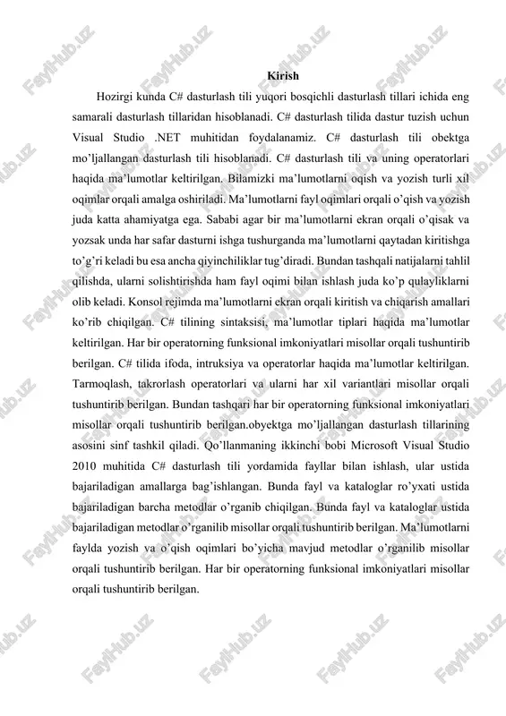 oki ifodaning qiymatini hisoblashga to'g'ri kelib qolishi mumkin. xo'sh, bu holatlarda matematik ifodalarni dastur kodiga qanday kiritamiz? ifoda ichida qo'shish (+), ayirish (-), ko'paytirish (*), bo'lish (/), qoldiqli bo'lish(%) dan tashqari boshqa amallar qatnashgan bo'lsa, qo'shimcha metodlardan foydalanishga to'g'ri keladi. buning uchun bizga math sinfi metodlari yordam beradi. bu metodlarni chaqirish uchun math so'zidan keyin nuqta qo'yib, metod nomini yozamiz. metod turiga qarab bir yoki bir nechta qiymatni kiritganimizda bizga hisoblangan qiymatni qaytaradi. masalan, math.abs(-3.5) metodi 3.5 ni qaytaradi. endi esa, sizga ko'proq math sinfi metodlarini tanishtirishga harakat qilaman. math.abs() – sonning absolyut qiymati (moduli) ni hisoblaydi. kiruvchi parametr sifatida kiritilgan bitta son ixtiyoriy sonli tipda bo'lishi mumkin, faqat 2^64 dan katta bo'lib ketmasligi kerak. qaysi tipda (double, decimal, long, int, ..) qiymat kiritilgan bo'lsa qaytarilgan qiymat ham shu tipda bo'ladi. math.acos() – sonning arkkosinusini hisoblaydi. kiruvchi va chiquvchi parametrlar faqat double tipida bo'ladi. qaytarilgan burchak qiymati radianda ifodalangan bo'ladi. …