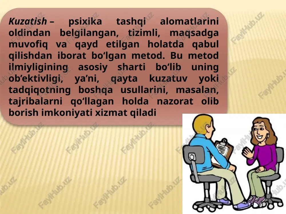 ksperiment. «oraliq» tabiiy metodlar orqali kuzatuv o‘tkazish bilan qattiq nazoratli kuzatuvlar o'zgarishiga aytiladi. kvazi-eksperiment metodi yordamida to‘liq chizmani yaratish mumkin emas. ammo bu kamchilikka qaramay kvazi-eksperimental regionlardan foydalanish imkonini beradi. eksperimental kuzatuvlar barcha noeksperimental metodlarga ziddir. kuzatish orqali odamlarning diqqati, his-tuyg`ulari, nerv sis-temasiningtashqi ifodalari, temperament xususiyatlari, imo-isho-ralari, sezgirligi, harakatchanligi, ishchanligi, xulq-atvori, nutq faoliyati va hokazolari o`rganiladi. ammo o`ta murakkab ichki psixo-logik kechinmalar, yuksak hissiyotlar, tafakkur, mantiqiy xotira va aql-zakovatni tadqiq etishga bu metodning imkoni yetishmaydi. ma-salan, go`dak bolani kuzatishda uning harakatlari, o`yinchoqlarga mu-nosabati, his-tuyg`usi, talpinishi, mayli, xohishi aniqlanadi. o`quv-chining darsdagi holatini kuzatishda esa diqqatining xususiyati, tashqi qo`zg`atuvchi bilan ta`sirlanishi, temperamenti, xatti-haraka-tining sur`ati, emotsional kechinmasining o`zgarishi to`g`risida ma`-lumotlar to`plashga imkoniyati tug`iladi. o`spirin yoshlarning sport faoliyatini kuzatish orqali ularning irodasi, ishchanligi, his-tuy-g`usiningo`zgarish xususiyatlari, g`alabaga intilishi, o`ziningharaka-tini idora qila olishi yuzasidan materiallar yig`ish mumkin. ish-chining dastgoh yonidagi faoliyatini kuzatish natijasida uning o`z diqqatini taqsimlashi, qiyin damlarda o`zini tutishi, imo-ishora-lari, tashqi qo`zg`atuvchidan ta`sirlanish darajasi …