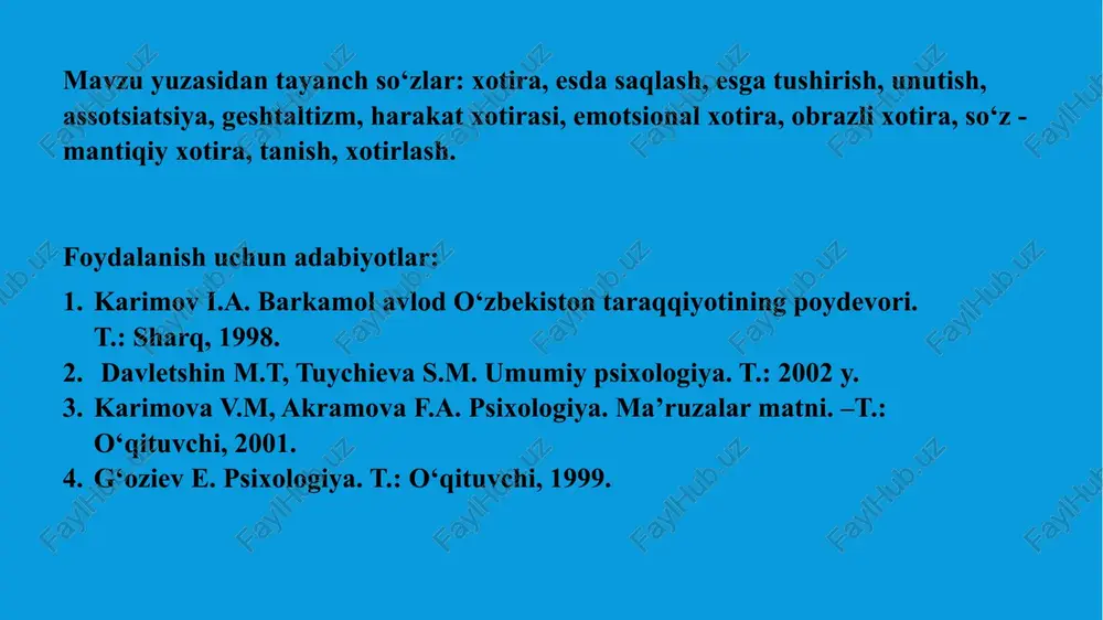 inganligi e‘tirof qilinadi. materialning ma’lum tashkiliy tartibi esda olib qolishda katta rol uynaydi. ammo materialning tuzilishini ochish va baholash, oqibatda uni esda olib qolishda faqatgina sub‘ekt faoliyati natijasi asosiy rolni o‘ynaydi. hozirgi zamon psixologiya fanida barcha psixik jarayonlarni, shu jumladan xotira jarayonlarini ham tarkib toptirishga sababchi bo‘lgan asosiy faktor shaxs faoliyatidir, deb qarovchi nazariyalarp tobora ko‘proq e‘tirof etilmoqda. bu nazariyaga asosan materialni esda olib qolish, esda saqlash, esga tushirish jarayonlari sub‘ekt faoliyatida ana shu materialni qanday o‘rinda turishi bilan belgilanadi. xotira turlari. xotira inson hayoti va faoliyatining barcha sohalarda qatnashishi tufayli uning namoyon bo‘lish shakllari ham nihoyat darajada har xildir. xotiraning har xil turlari uch xil mezon asosida turlarga bo‘linadi (birlashtiriladi). ko‘proq faoliyatda ko‘rinadigan psixik aktivlik harakateriga ko‘ra xotiraning harakat, emotsional (hissiy), obrazli va so‘z-mantiqiy turlari farqlanadi. faoliyat maqsadi xarakteriga ko‘ra xotira ixtiyoriy va ixtiyorsiz xotira turlariga bo‘linadi. materialni qancha esda olib qolish va esda saqlash muddatiga qarab qisqa muddatli, …