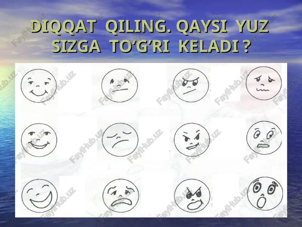 sirini xech kimga aytmay -di. tanqidga va rag'batlanti - rishga xaddan tashqari sezgir. o'zini kuch - qobiliyatiga ishon- maydi. tanxolikni yoqtiradi. melanxoliklar * temperament turlariga qarab, shaxs ning jihatlarini shakllantirish. muloqotdagi roli o'z – o'zini baxolash o'ziga bo'lgan ishonchi do'stlik va muxabbat xarakat va qadam ishtaxa tush muloqotdagi roli sangvinik xolerik flegmatik melanxolik xushchaqchaq, baland nutq soxibi bo'ysindiruvchi, qaysar, xukumron xotirjam, shoshmay gapiradi tortinchoq, moslashuvchan boshlanishiga o'z- o'zini baxolashning temperamentga bevosita bog'liqligi barqaror, o'ta yuqori baxolay- di, yutuqlarini olamga yoyadi, yuqori, birinchilik- ka, intiluvchi raqib past, kamtar o'zini namo- ish qilmay- di o'ta past, uyatchang, o'z hayollari bilan yashay- di sangvinik xolerik flegmatik melanxolik o'ziga bo'lgan ishonchning temperamentga bevosita bog'liqligi sangvinik xolerik flegmatik melanxolik omadga ishonadi o'ziga ishona- di, ojizligi ni yashiradi o'ziga ishon - maydi, o'zini extiyot qila - di,tushkunik- ka tushmaydi o'ziga umuman ishonmaydi, tanqidiy yondashadi, omadga ishon maydi do'stlik va muhabbatning temperamentga bevosita bog'liqligi flegmatik xolerik melanxolik …