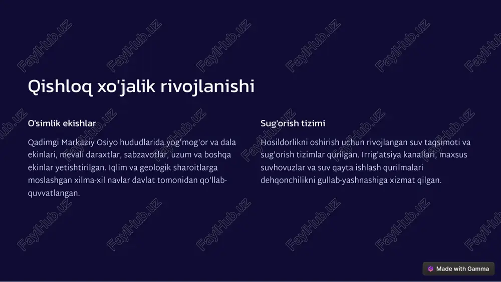 'ona chetlaridan topilgan noyob va murakkab naqshlar bezangan qadimiy keramika namunalari mintaqaning rivojlangan hunarmandchiligidan dalolat beradi. toshdan o'ymalangan haykallar tog'li hududlardan topilgan qadimiy tosh haykallar va haykaltaroshlik namunalari o'sha davr marosimlari va e'tiqodlarining vizual tasvirlarini saqlab kelmoqda. bronza buyumlar tog' konlaridan olingan bronza rudalaridan tayyorlangan qurollar, asboblar va boshqa buyumlar mintaqadagi ilg'or metallurgiya texnologiyalarini aks ettiradi. https://gamma.app/?utm_source=made-with-gamma xulosalar va kelgusidagi chora-tadbirlar 1 markaziy osiyo qadriyatlarida tabiatga hurmat va muvozanatli foydalanish an'analari asosiy ahamiyatga ega. 2 qadimgi ekologik bilimlar va tajribalarni zamonaviy boshqaruv tizimlariga integratsiya qilish muhim. 3 iqlim o'zgarishlariga moslashish va ularni kamaytirish uchun samarali choralar ko'rish lozim. 4 tabiiy resurslarga ega bo'lgan mintaqalarni himoyalash va oqilona foydalanish strategiyalarini ishlab chiqish kerak. https://gamma.app/?utm_source=made-with-gamma