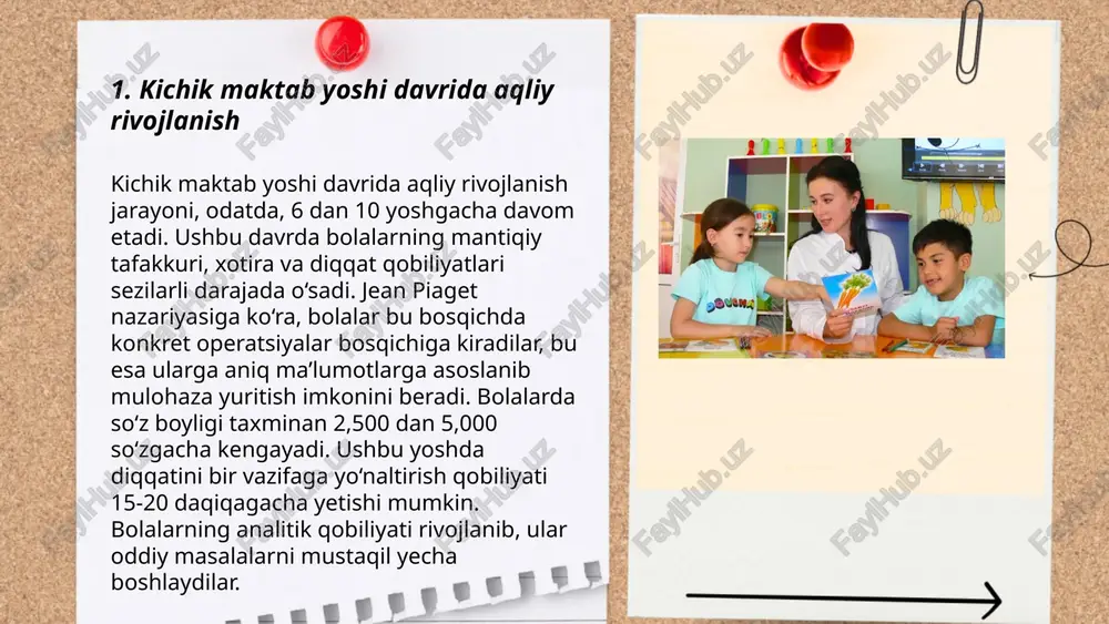 a o'rtacha haftasiga 5 soatlik intensiv o'qitish talab etiladi. ... t.me/slaydai_bot bolalarning hissiy rivojlanishi erta bolalik davrida shakllanadi va bu jarayon muhim ahamiyatga ega. tadqiqotlarga ko‘ra, 0-3 yosh oralig‘ida hissiy rivojlanishning asosi qo‘yiladi. bolalarning 60% hissiy rivojlanishi oiladagi muxit va ota-onalar bilan bo'lgan munosabatlarga bog'liq. 4-6 yoshda esa bolalar o‘z his-tuyg‘ularini tahlil qilish va boshqarishni o‘rganadi. hissiyotlarni tushunish darajasi keyingi ta’lim va ijtimoiy ko‘nikmalarga ta'sir qiladi. kelgusida stressga chidamlilik va hissiy barqarorlik uchun muhimdir. bolalarning hissiy rivojlanishi nihoyasida maktabgacha yoshdagi ko‘nikmalarga ega bo‘lishlari lozim. ... t.me/slaydai_bot 7. maktabda o'qish jarayonida xotira rivojlanishi xotira rivojlanishi maktabda ta'lim jarayoni uchun muhim hisoblanadi. o'rganilgan ma'lumotlarni eslab qolish qobiliyati o'quvchilarning o'qish yutuqlariga bevosita ta'sir qiladi. tadqiqotlarga ko'ra, maktab o'quvchilari kuniga o'rtacha 20-30 yangi so'zlar o'rganadi va bir yil davomida 1000-1500 so'z yodda saqlanadi. shu bilan birga, o'rganilgan ma'lumotlar 24 soat ichida 50% gacha unutilishi mumkin, lekin takroriy o'qish usullari bu ko'rsatkichni 80% gacha oshirishi …