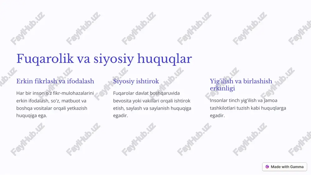 kafolatlandi. 4 boshqa xalqaro shartnomalari xalqaro qamoqxonalar to'g'risidagi konvensiya, irqiy kamsitishlarning barcha shakllari to'g'risidagi konvensiya kabi. https://gamma.app/?utm_source=made-with-gamma inson huquqlari va milliy qonunchilik konstitutsiya va qonunlar mamlakatning asosiy qonuni va boshqa me'yoriy-huquqiy hujjatlar inson huquqlari va erkinliklarini kafolatlaydi. bu inson huquqlari deklaratsiya va xalqaro shartnomalarining milliy amalga oshirilishini ta'minlaydi. huquqiy islohotlar qator mamlakatlar inson huquqlari sohasidagi qonunchilikni takomillashtirish va kuchaytirishga qaratilgan keng ko'lamli islohotlarni amalga oshirishmoqda. milliy institutlar inson huquqlari bo'yicha milliy komissiyalar, ombudsmanning instituti kabi maxsus tashkilotlar inson huquqlarini himoya qilish mexanizmlarini takomillashtirmoqda. https://gamma.app/?utm_source=made-with-gamma inson huquqlarini himoya qilish mexanizmlari 1 huquqiy mexanizmlar milliy qonunlar, konstitutsiya va sudlar inson huquqlarini himoya qilish vositasidir. 2 nazorat mexanizmlari insonlar huquqlari bo'yicha milliy komissiyalar, ombudsman kabi maxsus organlar davlat tomonidan amalga oshiriladigan siyosatni nazorat qiladi. 3 jamoatchilik nazorati fuqarolik jamiyati, ommaviy axborot vositalari va xalqaro tashkilotlar inson huquqlari holatini kuzatib boradi. 4 xalqaro mexanizmlar xalqaro shartnomalarga muvofiq, davlatlar inson huquqlari va erkinliklarini ta'minlash majburiyatiga …