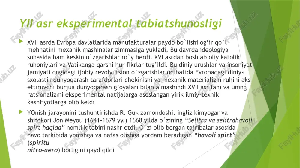 bilan qo`shilib ketadi, uni havodan ajratib olish mumkin emas deydi. havo tarkibidagi flogiston o`simliklar tomonidan ajratib olinadi, uni iste`mol qilgan boshqa tirik organizmlar esa flogistonni qabul qiladi. flogiston doimo boshqa moddalar bilan bog’langan holda bo`lgani uchun uning o`zini o`rganish mumkin emas, ammo moddalarning rangi, hidi va boshqa xossalari flogiston bilan belgilanadi flogiston nazariyasinig inqirozi xviii asrning ikkinchi yarmida kimyo rivoji evropa davlatlarida bir tekisda bo`lmadi. angliya va shvetsiyada kimyogar-olimlar kimyoviy analiz va pnevmokimyo muammolarini echishga uringan paytda, germaniyadagi olimlar flogiston nazariyasi yordamida manufaktura talablarini qondiruvchi kimyoviy texnologiyalar yaratish bilan band bo`ldilar angliyadagi sanoat rivoji avval to`qimachilik sohasida va so`ngra boshqa tarmoqlarda yuz berdi. sanoatda mashina-mexanizmlardan foydala-nishning boshlanishi boshqa texnik va texnologik rivojlanishlarga olib keldi. frantsiya, angliya va gollandiyada matolarni oqartirish, bo`yash vagul bosish organic kimyo fanini shakllanishini taqozo eta boshladi flogiston nazariyasi barcha yonish jarayonlariga tadbiq etildi, chunki barcha yonuvchi jismlar tarkibida flogiston borligi g. shtal tomonidan tajribada asoslandi: ko`mir …