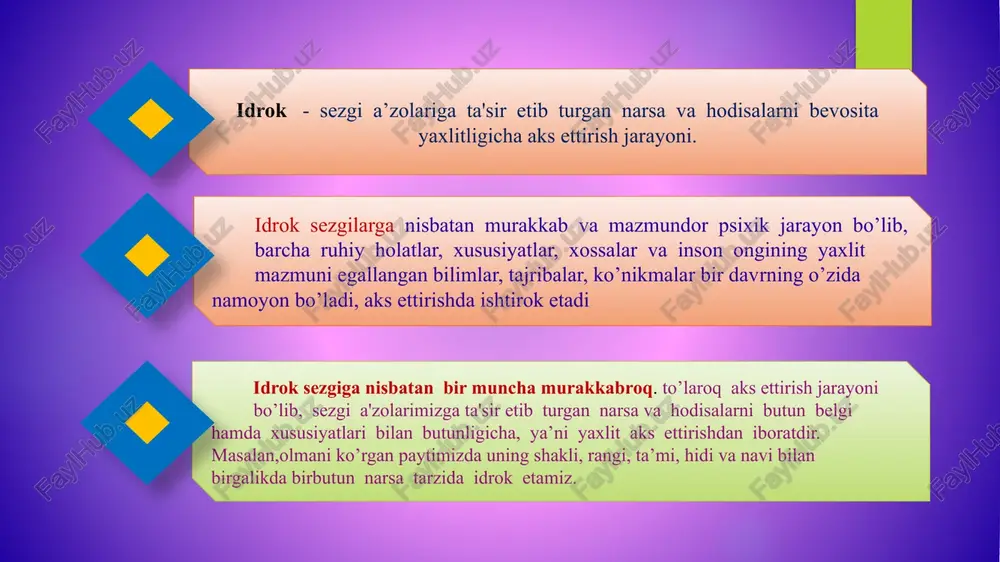 narsaning hajmi, solishtirma og’irligi) ham aks ettiramiz. idrokning asosiy xossalari va turlari idrokning asosiy xossalariga predmetlilik, yaxlitlik, strukturaviylik, konstantlik, anglanganlik, appersepsiya, faollik kiradi. idrokning predmetliligi-bu real olam jism va hodisalarini bir-biri bilan bog‘lanmagan sezgilar to‘plami ko‘rinishida emas, alohida jismlar shaklida aks ettirish qobiliyati. predmetlilik idrokning tug‘ma xossasi emas. bu xossaning paydo bo‘lishi va takomillashtirilishi bola hayotining birinchi yilidan boshlab, ontogenez jarayonida sodir bo‘ladi. i.m.sechenov fikriga ko‘ra, predmetlilik bolaning jism bilan aloqasini ta’minlaydigan harakatlar asosida shakllanadi. idrokning boshqa xossasi uning yaxlitligidir. jismning alohida xossalarini aks ettiruvchi sezgilardan farqli ravishda, idrok jismning yaxlit obrazini yaratadi. sezgining tarkibiy qismlari o‘zaro shu darajada mahkam bog‘langanki, jismning yagona murakkab obrazi odamga ob’ektning alohida xossalari yoki alohida qismlari bevosita ta’sir ko‘rsatganida ham hosil bo‘ladi. idrokning yaxlitligi, hatto, idrok etilayotgan ob’ektning alohida xossalari chala aks ettirilganida ham qabul qilingan axborot xayolan aniq jismning yaxlit obrazi holatiga etkazilishi bilan ifodalanadi. idrokning navbatdagi xossasi uning konstantligidir konstantlik jismlar rangi, …