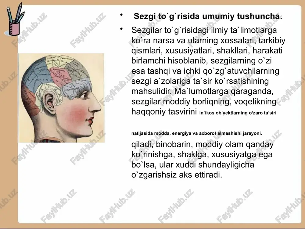 bo`iuv-chilardir deb tushuntirganlar. ushbu vaqt reflektor o`zga-rishlarini, ya`ni sezgining obyektiv ko`rsatkichi sifatida ishlashga imkoniyat yaratadi. ma`lumki, sezgini paydo qiluvchi liar bir qo`zg`atuvchi, ya`ni qo`zg`atgich, ref­lektor jihatdan yuzaga keluvchi jarayonlarni yuzaga chaqiradi, chunonchi bular tomirlarning torayishi, teri galvanik reflektorlarning paydo bo`iishi (teri qarshiligining o`zgarishi), miyaning elektr faolligining o`zgarishi, ko`z-larning qo`zg`atgich tomon burilishi kabilar. bularning barchasi sezgi jarayoni paydo bo`layotgandagina ishga tushadi, shu sababli ular sezgilarning obyektiv ko`rsatkich-lari sifatida xizmat qila oladi. sezgi turlarining psixologik tavsifi psixologiya fanida sezgilar uchta katta guruhga ajratil-gan (eksteroretseptiv, prioretseptiv, interoretseptiv) bular, o`z navbatida, yana quyidagi turlarga bo`linadi: ko`rish sezgilari. eshitish sezgilari. hid bilish sezgilari (eksteroretseptiv). ta`m bilish sezgilari. teri sezgilari. muskul-harakat (kinestetik). statik sezgilar (proprioretseptiv). organik sezgilar (interoretseptiv). rang bilish hid bilish tam bilish muskul-harakat sezgilari va statik sezgilar muskul-harakat sezgilari motor sezgilari, goho kines-tetik sezgilar deb nomlanib, ularga og`irlikni, qarshihkni, organlar harakatini bilish sezgilari kiradi. ularning organlari — gavda muskullari, paylar, bo`g`imlardan iboratdir. organlarning tarkibida …