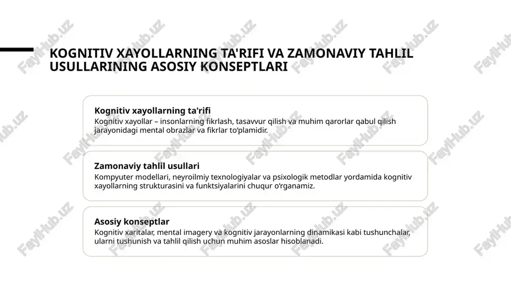 biyot va san'at asarlari kognitiv xayollarning rivojlanishiga ta'sir qilgan, ularni milliy identifikatsiya va ijodda mustahkamlaydi. madaniyat va neyrofaning o'zaro ta'siri, kognitiv xayollarning shakllanishida madaniyatning psixologik va neurologik asoslarini anglash uchun muhim asos bo'lib xizmat qiladi. oʻzbekiston kontekstida kognitiv xayollarning madaniy asoslari va shakllanishi 1 madaniy meros o'zbekistonning boy madaniy tarixi va an'analari kognitiv xayollarning shakllanishida muhim rol o'ynaydi. bu meros, odamlarning fikrlash va tasavvur qilish tarzini belgilaydi. 2 tillar va ommaviy axborot o'zbek tilining boyligi va dialektlari kognitiv jarayonlarga ta'sir qiladi. ular mental imagery va tushunchalarning rivojlanishida asosiy rol o'ynaydi. 3 an'analar va ustunliklar milliy an'analar, urf-odatlar va estetik qadriyatlar kognitiv xayollarga ta'sir qilib, ularning o'ziga xosligini shakllantiradi. bu, ijodiy va fikrlash jarayonlarini boyitadi. 4 tarixiy muhit o'zbekistonning tarixiy muhitida yuzaga kelgan voqealar va tajribalar, kognitiv imaginasiyalarni mustahkamlashda va rivojlantirishda muhim manba bo'lib xizmat qiladi. mahalliy madaniyat va psixologiyaning kognitiv xayollarga taʼsiri madaniy ta'sir psixologik tashqi ta'sir an'analarning o'rni mahalliy …