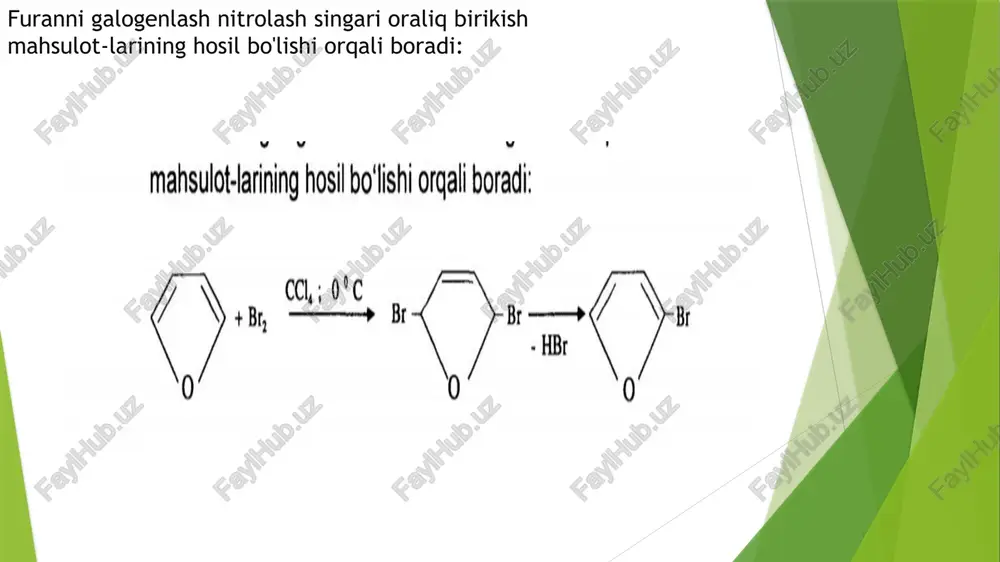 n holida bo'ladi azotdagi musbat zaryad yadroning umumiy elektron zichligini yanada kamaytirib, elektrofil zarrachalarning hujumini qiyinlashtiradi. piridinni 220-230° s da tutovchi sulfat kislota bilan simob sulfat ishtirokida sulfolab, 40 % li unum bilan piridin- 3- sulfokislota olish mumkin. piridin 300-350° s da simob katalizator ishtirokisiz sulfolanganda ham piridin - 3 sulfokislota hosil bo'ladi, lekin reaksiyaning unumi kam bo'ladi. nitrolash uchun esa 300°c da temir katalizatorligida piridinning 100% li sulfat kislotadagi eritmasiga kaliy nitratning nitrat kislotadagi eritmasi ta'sir ettiriladi va kam unum bilan 3 - nitropiridin hosil bo'ladi: piridinni galogenlash ham yuqori haroratda olib boriladi: piridin fridel - krafts reaksiyasiga mutlaqo kirishmaydi. piridin peroksikislotalar yoki sirka kislota eritmasida vodorod peroksid bilan oksidlanganda piridin - n - oksid hosil bo'ladi nukleofil almashinish reaksiyalari. piridin 300- 400°c da quruq o'yuvchi kaliy bilan qizdirilganda 2 - gidroksipiridin (a-gidroksipiridin) hosil bo'ladi (a. e. chichibabin): 2 - gidroksipiridinning tautomer shakli 2 - piridondir qaytarilishi. piridin benzolga …