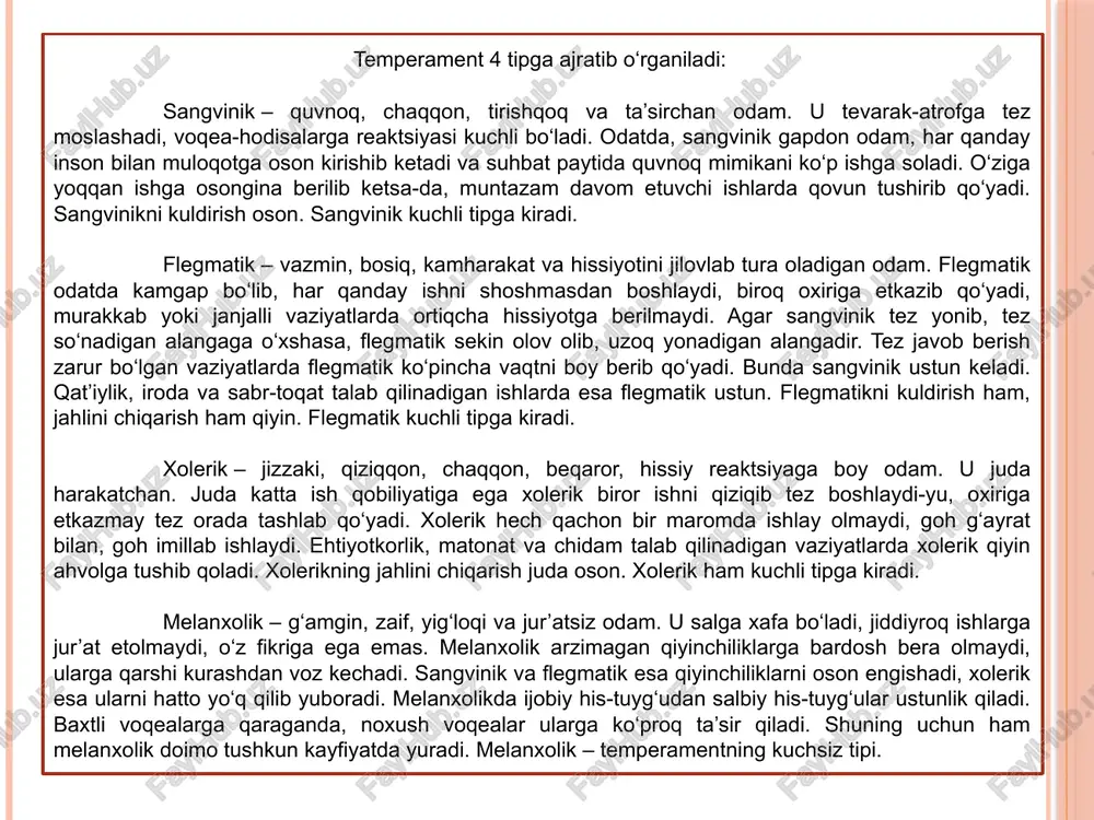 dinamik xususiyatlar o‘rtasida muayyan darajada tafovut mavjudligi alohida ta’kidlanadi, ular orasidagi farqlarni ajratib ko‘rsatish maqsadida quyidagicha belgilar kiritiladi va o‘ziga xos tarzda tavsiflab beriladi, ularning ayrimlarini ajratib ko‘rsatish maqsadga muvofiq: 1. favqulotda temperamentning bir xil xususiyatlari motiv, psixikholat va hodisalardan farqli o‘laroq, aynan shu shaxsning o‘zida, uning turli faoliyatlarida, muomalasida ifodalanadi. 2. temperament xususiyatlari tabiiy shartlanganlik omiliga taalluqli bo‘lganligi tufayli inson hayoti va faoliyatining (umrining) davomida yoki uning muayyan bir bo‘lagida (ta’sirga beriluvchanligi sababligidan qat’iynazar) barqaror, o‘zgarmas va mustahkamdir. 3. yakkahol shaxsga dahldor temperamentning turli xususiyatlari o‘zaro bir-biri bilan g‘ayriqonuniy ravishda birlashgan bo‘lmasdan, balki ular o‘zaro bir-biri muayyan qonuniyat asosida mujassamlashib, xuddi shu xususiyatlar uning tiplarini tavsiflovchi o‘ziga xos to‘zilmani vujudga keltiradi. psixologiya fanida temperament xususiyatlari deganda, alohida bir shaxsning psixik faoliyati dinamikasini belgilovchi psixikaning barqaror, o‘zgarmas individual-tipologik xususiyatlari majmuasi tushuniladi. mazkur xususiyatlar turli shakl va mazmunga ega bo‘lgan motivlarda, psixik holatlarda, maqsadlarda, faoliyatlarda nisbatan o‘zgarmas temperament tipini tavsiflovchi to‘zilmani …