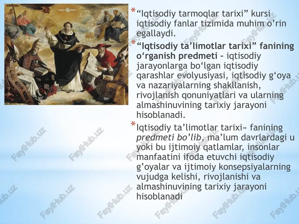 tab iqtisodiy jarayonlarni tushuntirishda o‘ziga xos uslubni qo‘llaydi (masalan, fiziokratlar – tabiatga, klassiklar – mehnatga, monetaristlar – pul omiliga urg‘u berishgan). yetakchi vakillar: har bir maktabni rivojlantirgan olimlar bo‘ladi (a. smit, k. marks, j. m. keyns va boshqalar). ta’sir doirasi: maktablarning g‘oyalari iqtisodiy siyosat va jamiyat rivojiga ta’sir etadi. iqtisodiy ta’limotlar tarixida iqtisodiy maktablar davr maktab / yo‘nalish asosiy vakillar asosiy g‘oya qadimgi davr (mil.avv. iv ming y. – milodiy v asr) qadimgi iqtisodiy qarashlar aristotel, ksenofont, konfutsiy, ibn xaldun boylik, mulk, mehnat va adolat haqidagi dastlabki qarashlar; xo‘jalik yuritish va narx tushunchalari o‘rta asrlar (v–xv asrlar) diniy-falsafiy ta’limotlar foma akvinskiy, abu yusuf, al-farobiy, ibn xaldun “adolatli narx”, foiz taqiqlari; iqtisodiy hayot axloqiy va diniy qoidalar bilan tartibga solinishi xvi–xvii asrlar merkantilizm t. man, a. monkreten boylik manbai – tashqi savdo; oltin-kumush to‘plash; davlatning faol aralashuvi xviii asr fiziokratlar f. kene, a. tyurgo boylik manbai – qishloq xo‘jaligi; “tabiiy tartib” …