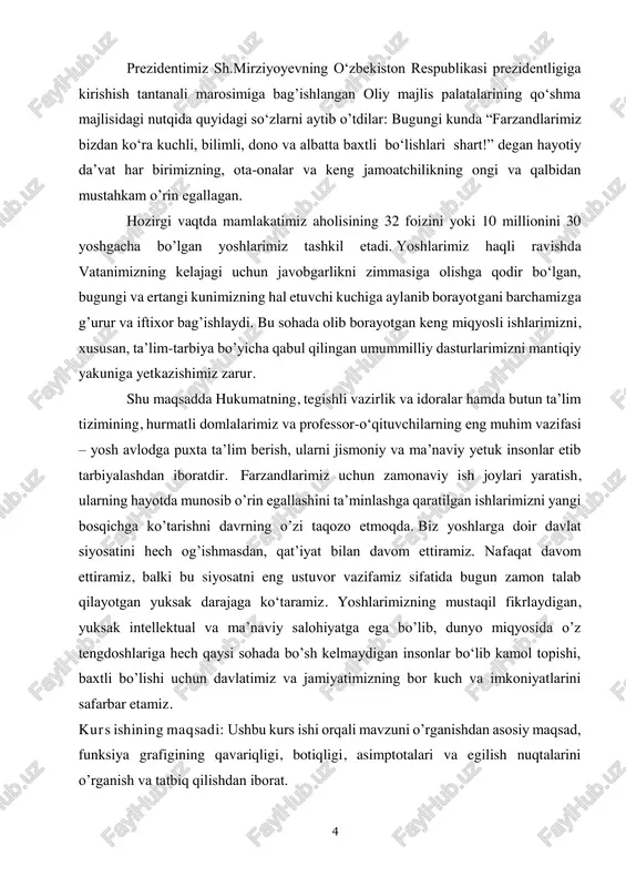 davlat siyosatini hech og’ishmasdan, qat’iyat bilan davom ettiramiz. nafaqat davom ettiramiz, balki bu siyosatni eng ustuvor vazifamiz sifatida bugun zamon talab qilayotgan yuksak darajaga ko‘taramiz. yoshlarimizning mustaqil fikrlaydigan, yuksak intellektual va ma’naviy salohiyatga ega bo’lib, dunyo miqyosida o’z tengdoshlariga hech qaysi sohada bo’sh kelmaydigan insonlar bo‘lib kamol topishi, baxtli bo’lishi uchun davlatimiz va jamiyatimizning bor kuch va imkoniyatlarini safarbar etamiz. kurs ishining maqsadi: ushbu kurs ishi orqali mavzuni o’rganishdan asosiy maqsad, funksiya grafigining qavariqligi, botiqligi, asimptotalari va egilish nuqtalarini o’rganish va tatbiq qilishdan iborat. 5 kurs ishining dolzarbligi: funksiya grafigining o’sish, kamayish oraliqlarini topish, funksiya grafigini tasvirlash va chizmada ko’rsatish, qavariq va botiqligiga tekshirish, asimptota va egilish nuqtalarini topish mavzuning dolzarbligini ta’minlaydi. 6 1-§. funksiyaning qavariqligi va botiqligi. 𝑓(𝑥) funksiya (𝑎, 𝑏) intervalda aniqlangan bo’lib, bu intervaldan olingan 𝑥1 ∈ (𝑎, 𝑏), 𝑥2 ∈ (𝑎, 𝑏) nuqtalar uchun 𝑥1 𝑙(𝑥)) tengsizlik o’rinli bo’lsa, 𝑓(𝑥) funksiya (𝑎, 𝑏) intervalda qavariq (qat’iy …
