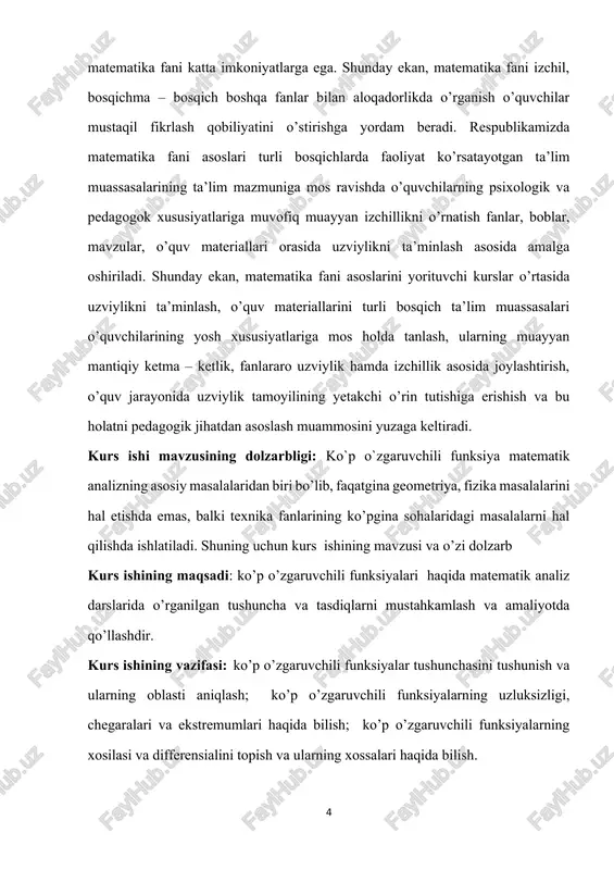 shuncha va tasdiqlarni mustahkamlash va amaliyotda qo’llashdir. kurs ishining vazifasi: ko’p o’zgaruvchili funksiyalar tushunchasini tushunish va ularning oblasti aniqlash; ko’p o’zgaruvchili funksiyalarning uzluksizligi, chegaralari va ekstremumlari haqida bilish; ko’p o’zgaruvchili funksiyalarning xosilasi va differensialini topish va ularning xossalari haqida bilish. i bob. ko’p o’zgaruvchili funksiyalar 1.1. ko‘p o‘zgaruvchili funksiya tushunchasi. faraz qilaylik, fazoda to‘plam berilgan bo‘lsin: . 1-ta’rif. agar to‘plamdagi har bir nuqtaga biror qoidaga ko‘ra bitta haqiqiy son mos qo‘yilgan bo‘lsa, to‘plamda ko‘p o‘zgaruvchili ( ta o‘zgaruvchili) funksiya berilgan (aniqlangan) deyiladi. uni yoki kabi belgilanadi. bunda funksiyaning berilish (aniqlanish) to‘plami, lar (erkli o‘zgaruchilar) funksiya argumentlari, esa larning funksiyasi deyiladi. masalan, har bir nuqtaga ushbu qoida bilan bitta haqiqiy sonini mos qo‘ysin. bu holda to‘plamda aniqlangan funksiya hosil bo‘ladi. aytaylik, funksiya (ko‘p hollarda bu funksiyani kabi yozamiz) to‘plamda berilgan bo‘lsin. nuqtaga mos keluvchi son funksiyaning nuqtadagi xususiy qiymati deyiladi: . berilgan funksiyaning barcha xususiy qiymatlaridan iborat ushbu (1) to‘plam funksiyaning …