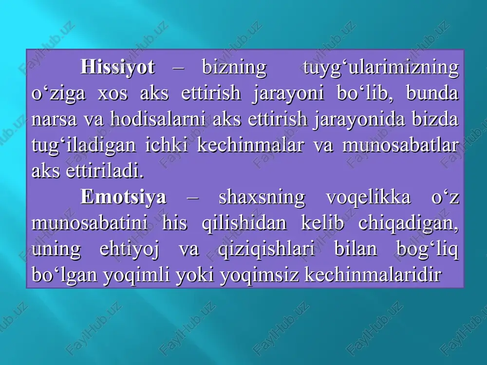 kayfiyatlarda aniq yashaydigan umumlashtirilgan hislar deyiladi. yuksak hislarning muhim turlari ko‘rsatiladi: praksik , axloqiy, intellektual, estetik turlari ajratiladi. praksik hislar - inson amaliy hayotining istalgan sohasi maqsadga muvofiq aqliy faoliyatiga, shaxsning ularga nisbatan muayyan munosabatda bo‘lish sohasiga aylanib qoladi. ahloqiy hislar - odamning boshqa kishilarga, jamoa va o‘zining ijtimoiy burchlariga bo‘lgan munosabatlarida ifodalanadi. estetik his deganda biz go‘zallikni idrok qilish, go‘zallikdan zavqlanish va go‘zallik yaratishga intilishni tushunamiz. intellektual hissiyotlar odamning bilish jarayoni bilan bog‘liq bo‘lgan hissiyotlar bo‘lib, biror narsadan hayron qolish, hayratda qolish, shubhalanish kabi holatlarda ifodalanadi.