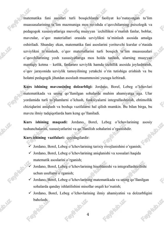 ’llanilgan sohalarda qanday ishlatilishini misollar orqali ko’rsatish; · jordano, borel, lebeg o’lchovlarining ilmiy ahamiyatini va dolzarbligini baholash. 1-§. jordan o’lchovi rimanning karrali integrallar nazariyasi fazodagi jordan o‘lchoviga asoslangan. jordan bo‘yicha o‘lchovli to‘plamlarning asosiy xossalaridan biri, uning chegaralangan bo‘lishidir. to‘plam chegarasining jordan o‘lchovi 0 ga teng bo‘lishi zarur va etarlidir. fazoda jordan bo‘yicha o‘lchovga ega bo‘lgan to‘plamga kvadratlanuvchi (kublanuvchi) soha deyiladi. bo‘lganda karrali integrallar nazariyasi ikki karrali integrallar nazariyasidan prinsipial jihatdan farq qilmaganligi va ikki karrali integrallarni tasavvur qilish osonroq bo‘lganligi sababli biz asosan ikki karrali integrallar nazariyasini keltirish bilan kifoyalanamiz. butun paragraf davomida biz qaralayotgan sohani kvadratlanuvchi deb faraz qilamiz. aytaylik sohada funksiya aniqlangan bo‘lsin. sohani egri chiziqlar to‘ri yordamida n ta sohashalarga bo‘lamiz. sohada nuqta olib, ni hisoblaymiz hamda quyidagi (1) funksiyaning soha uchun integral yig‘indisinituzamiz. bu yerda sohaning yuzasi. ta’rif. agar (1) integral yig‘indining 0 ga intilgandagi limiti mavjud bo‘lib, u chekli songa teng bo‘lsa hamda uning qiymati …