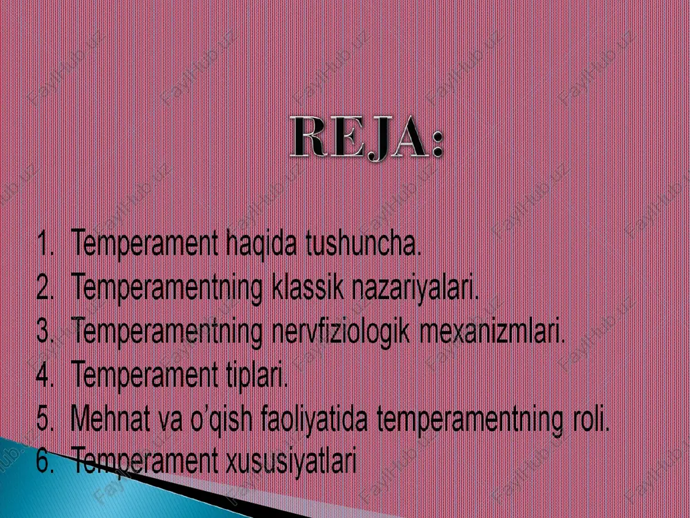 ajada atrofdagi sharoit, muhit ta'siri tufayli o’zgaradi. i.p.pavlov temperament xususiyatlarini belgilab beruvchi 3 oliy nerv tizimi xossalarini ajratgan; 1. kuch: nerv tizimining kuehli qo'zgatuvchilar tasiriga bardoshi, shunga ko'ra odamlardagi chidam kabi sifatlar va ularga teskari sifatlarning namoyon bo'lishi. 2. muvozanatlashganlik: asabdagi tormozlanish va qo'zgalishning o'zaro mutanosibligi yoki o'zini tuta bilishi bosiqlik kabi sifatlarning namoyon bo'lishi: 3. harakatchanlik: yani qo'zgalish va tormozlanish jarayonidagi o'zaro almashinish jarayonning tezligi va harakatchanligi ma'nosida. i.p.pavlov kuchsiz tipdagi vaztninlik va harakatchanlikni xisobga olmagan chunki bu xususiyatlar kamdan kam xollarda namoyon bo'ladi. sangvinik kuchli muvozanatli harakatchan xolerik kuchli muvozanatli bexalovat flegmatik kuchli muvozanatli kam harakat melanxolik kuchsiz (sezgir ziyrak) temperament tiplarining kelib chiqishida, irsiyat asosiy rol o’ynaydi. agar irsiy fiziologik xususiyatlari bir xil bo’lgan bitta tuxumdan paydo bo’lgan (gomozigot) egizaklarning temperament xususiyatlarini irsiy fiziologik xususiyatlari unchalik bir xil bo’lmagan, ikkita tuxumdan paydo bo’lgan (geterozigot) egizaklarning temperament xususiyatlari bilan solishtirsak, bu narsa juda yaqqol ko’rinadi. geterozigot egizaklarga qaraganda …