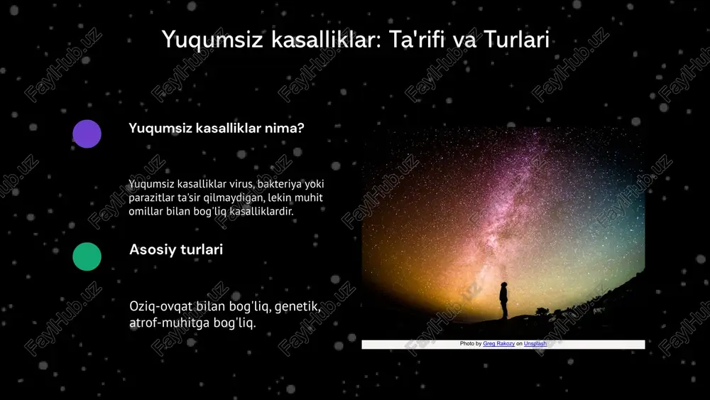 agan. masalan, antibiotiklar bakterial infektsiyalarni davolashda keng qo'llaniladi. zamonaviy davolash usullari: gen terapiyasi, immunoterapiya. bu usullar yangi texnologiyalar va ilmiy yutuqlarga asoslangan bo'lib, ayniqsa, surunkali va onkologik kasalliklarni davolashda muhim. masalan, gen terapiyasi genetik nuqsonlarni tuzatishda yordam beradi. o'z-o'zini davolash: uy sharoitida qo'llaniladigan usullar. bu usullar odatda, ovqatlanish, dam olish va tabiiy usullarni o'z ichiga oladi. masalan, chamadoni ichish yoki dam olish bilan kasalliklarning oldini olish mumkin. qo'shimcha chora-tadbirlar sog'lom turmush tarzini qo'llash: to'g'ri ovqatlanish, muntazam jismoniy faoliyat kasalliklarni oldini oladi. sabzavotlar, mevalar va oqsil manbalariga e'tibor qaratish, shuningdek, jismoniy mashqlarni kundalik hayotga kiritish muhimdir. psixologik yordam va stressni boshqarish: ruhiy salomatlik yuqumsiz va yuqumli kasalliklarning oldini olishda muhimdir. meditatsiya, yoga va psixologik maslahatlar yordamida stressni kamaytirish mumkin, bu immunitet tizimini mustahkamlashga yordam beradi. jamiyatda qo'llab-quvvatlash: turli guruhlar, tashkilotlar va resurslar orqali odamlar ruhiy va jismoniy salomatlikni saqlashda yordam oladilar. mahalla va mahalliy tashkilotlar orqali sog'lom turmush tarzini targ'ib qilish, …